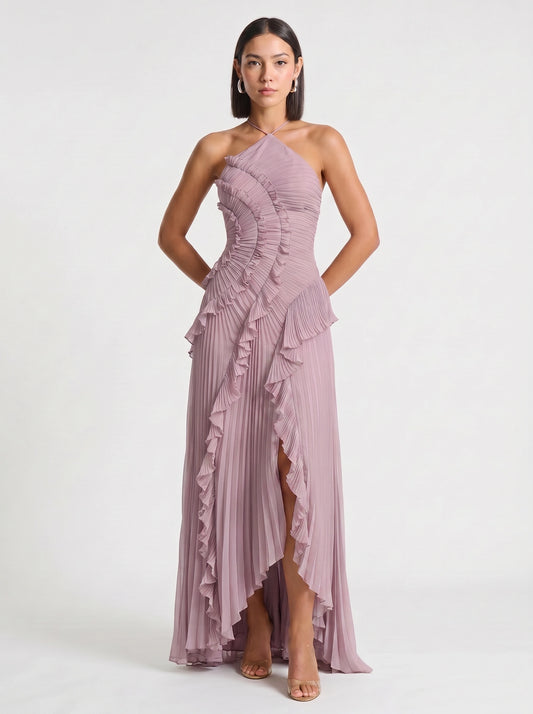 Ruffiere Halter Neck Ruffle Maxi Dress – Wedding Guest Dresses Women Formal Evening Party Maxi Dress