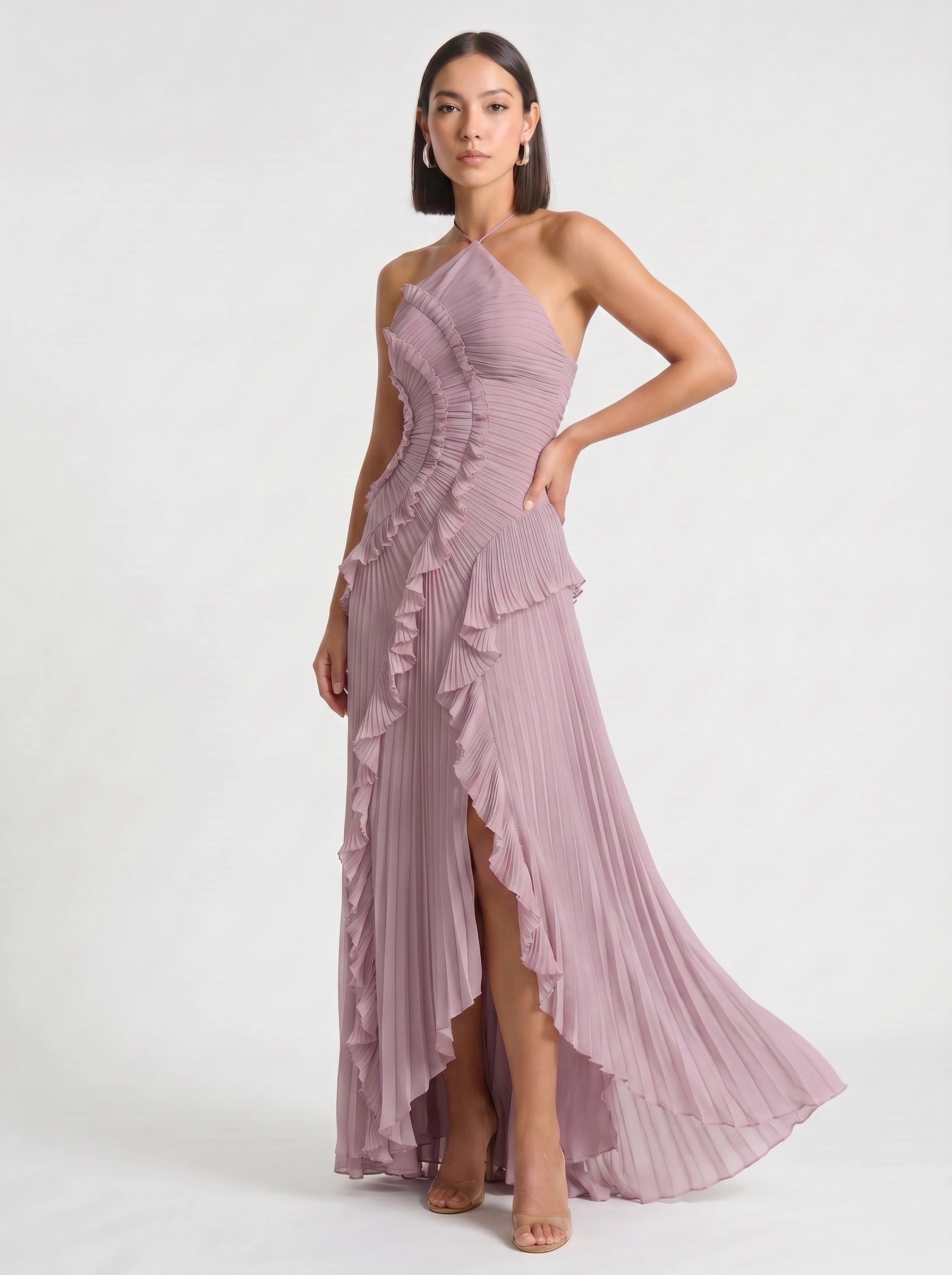 Ruffiere Halter Neck Ruffle Maxi Dress – Wedding Guest Dresses Women Formal Evening Party Maxi Dress