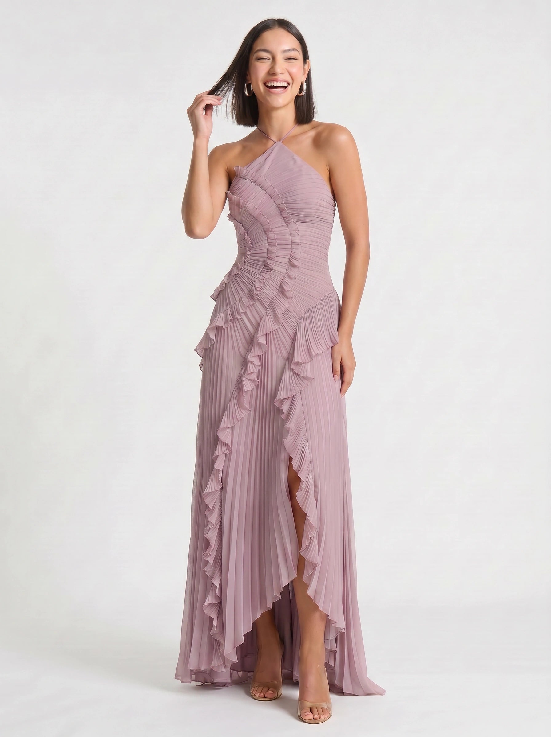 Ruffiere Halter Neck Ruffle Maxi Dress – Wedding Guest Dresses Women Formal Evening Party Maxi Dress