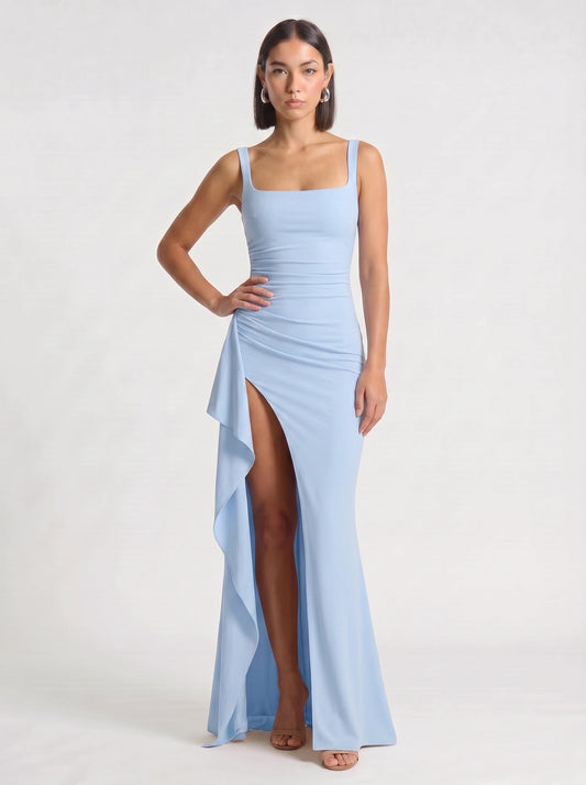 Fendera Square Neck Maxi Dress – Bodycon High Slit Maxi Dress Women Wedding Guest Formal Evening Party Long Dress