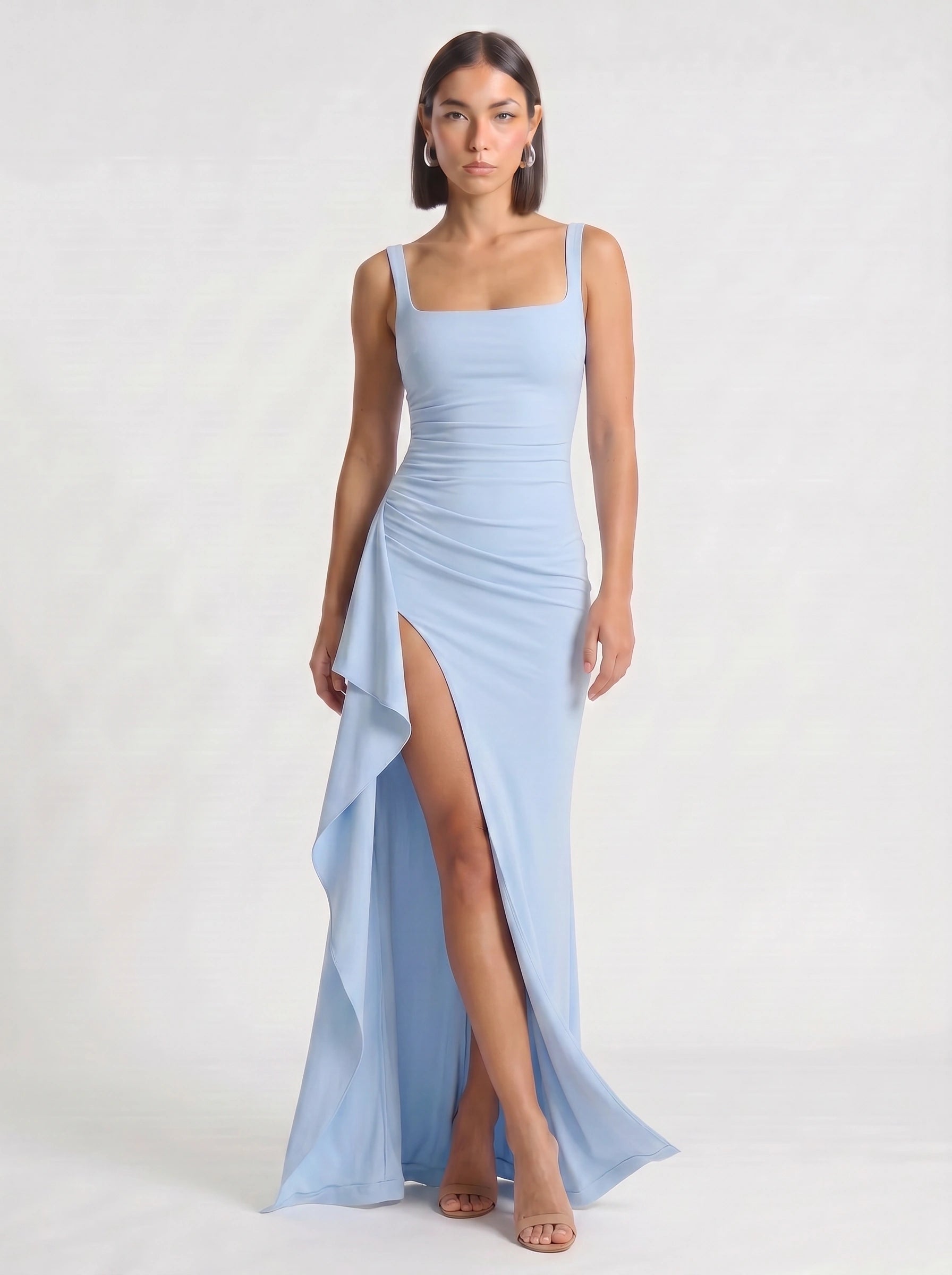 Fendera Square Neck Maxi Dress – Bodycon High Slit Maxi Dress Women Wedding Guest Formal Evening Party Long Dress