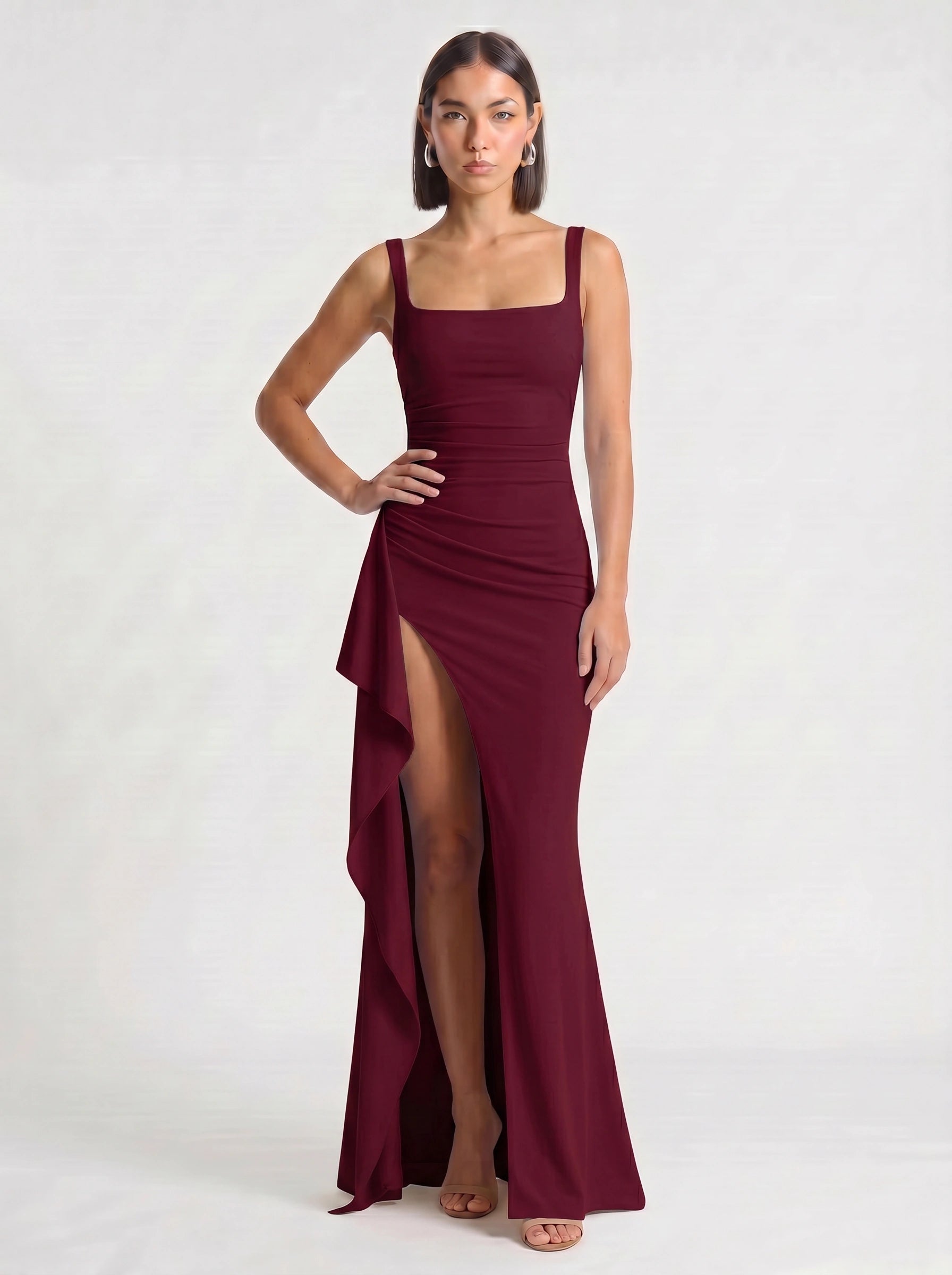 Fendera Square Neck Maxi Dress – Bodycon High Slit Maxi Dress Women Wedding Guest Formal Evening Party Long Dress