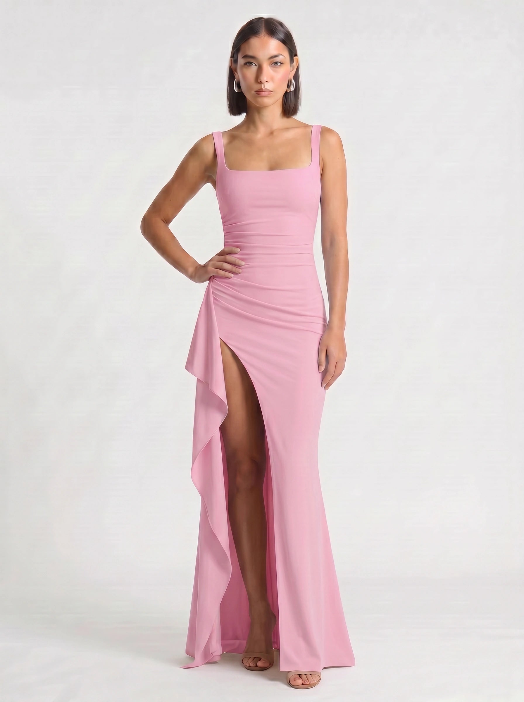Fendera Square Neck Maxi Dress – Bodycon High Slit Maxi Dress Women Wedding Guest Formal Evening Party Long Dress