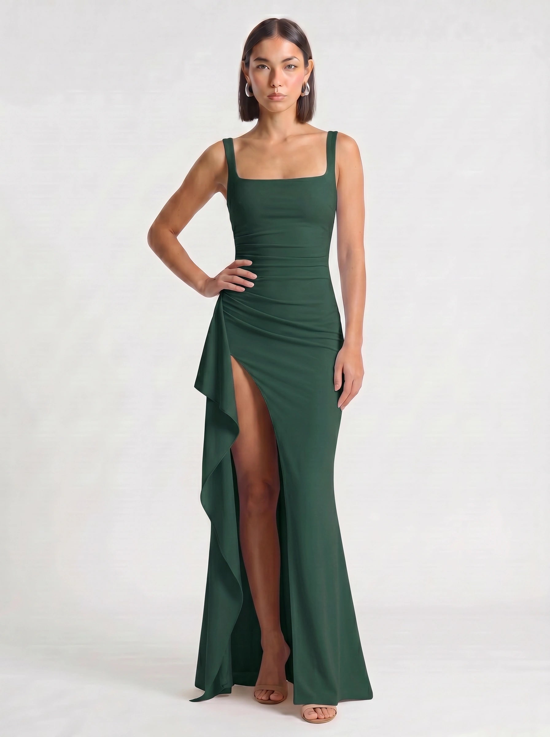 Fendera Square Neck Maxi Dress – Bodycon High Slit Maxi Dress Women Wedding Guest Formal Evening Party Long Dress