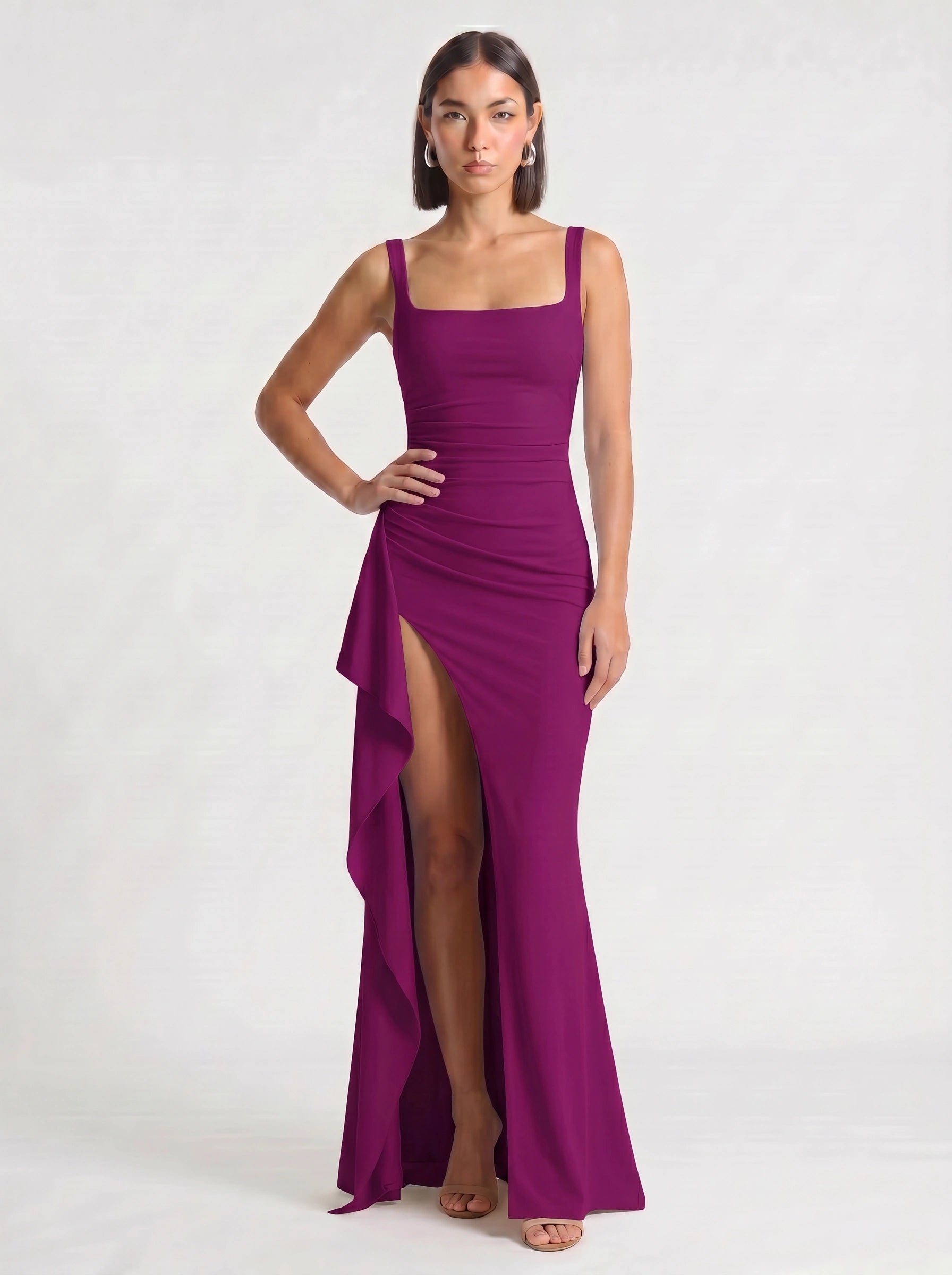 Fendera Square Neck Maxi Dress – Bodycon High Slit Maxi Dress Women Wedding Guest Formal Evening Party Long Dress