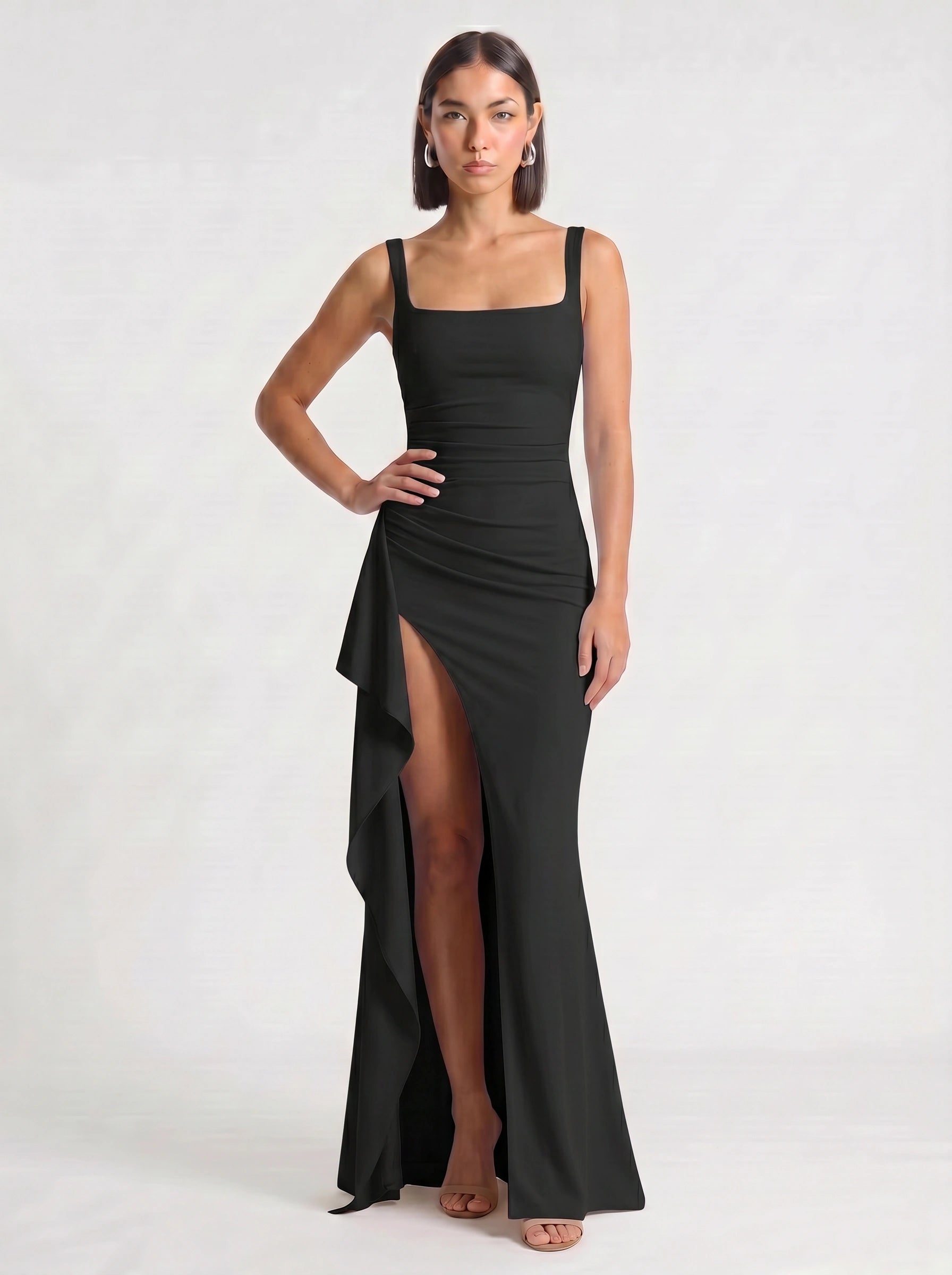 Fendera Square Neck Maxi Dress – Bodycon High Slit Maxi Dress Women Wedding Guest Formal Evening Party Long Dress