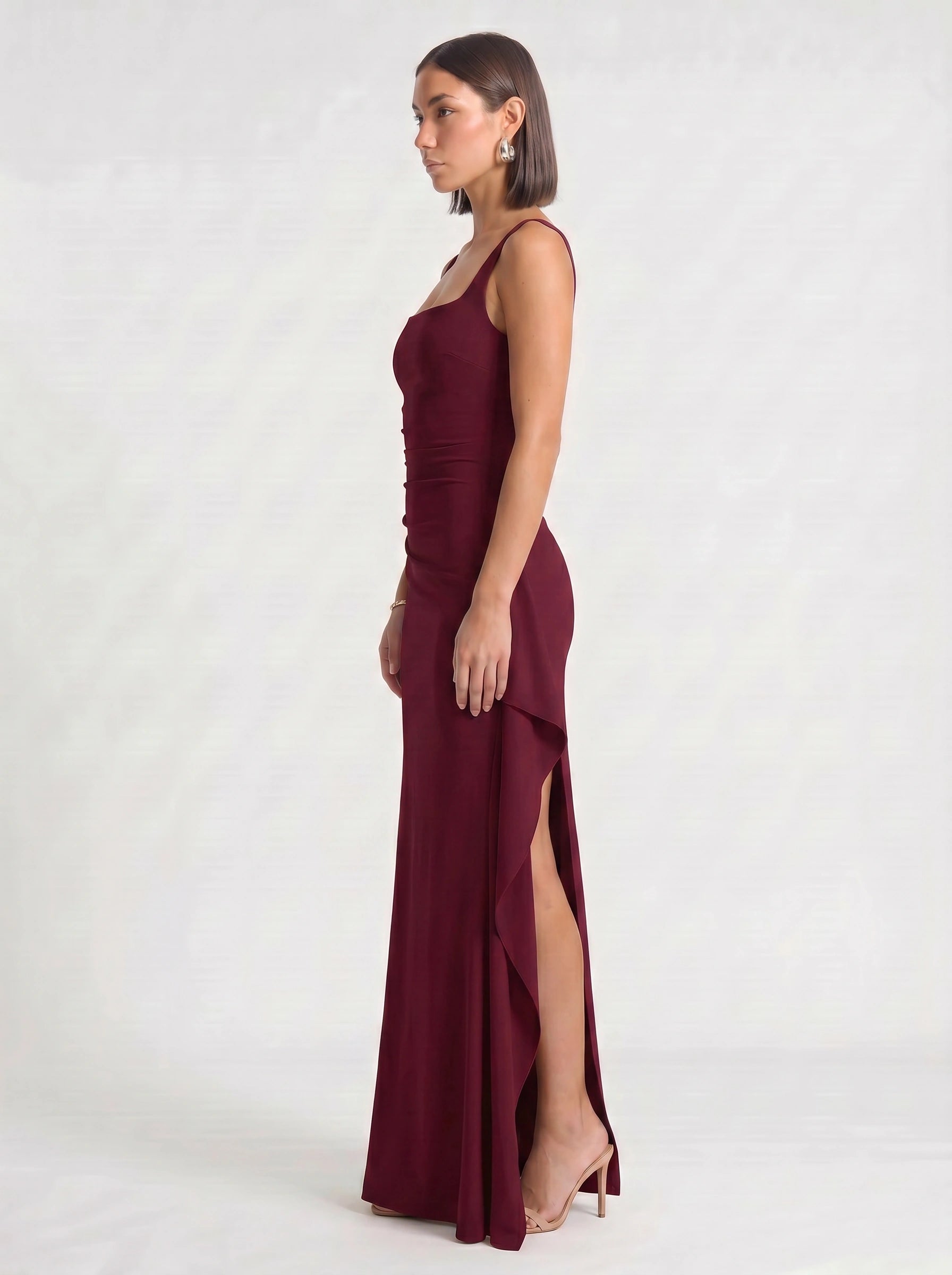 Fendera Square Neck Maxi Dress – Bodycon High Slit Maxi Dress Women Wedding Guest Formal Evening Party Long Dress