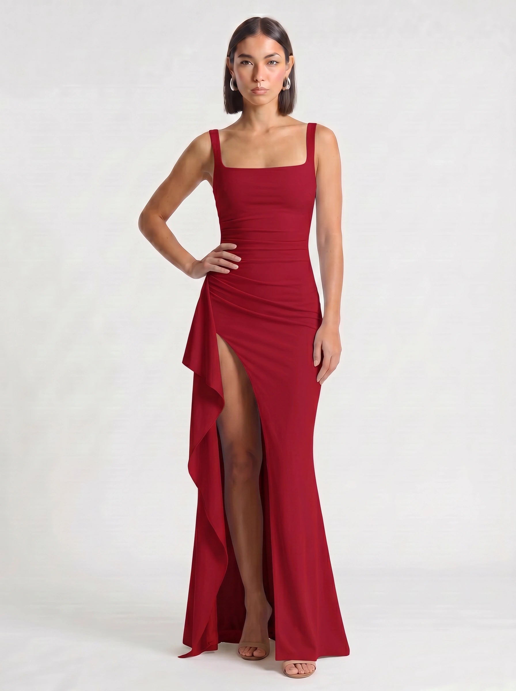 Fendera Square Neck Maxi Dress – Bodycon High Slit Maxi Dress Women Wedding Guest Formal Evening Party Long Dress