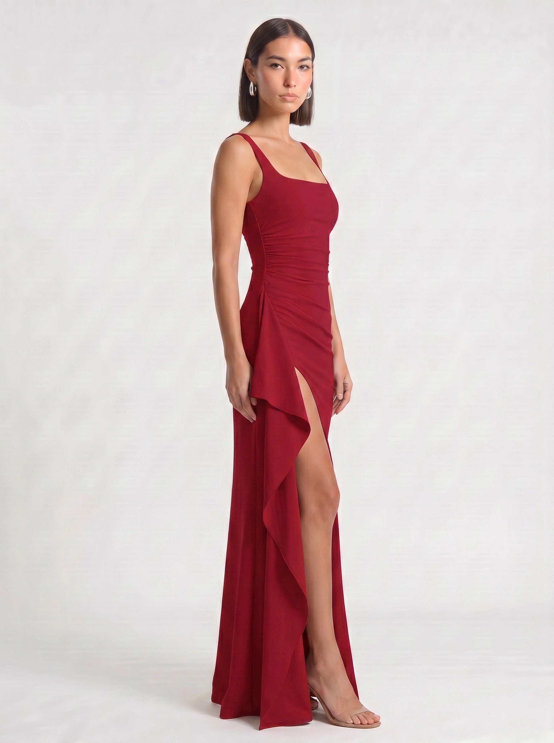 Fendera Square Neck Maxi Dress – Bodycon High Slit Maxi Dress Women Wedding Guest Formal Evening Party Long Dress