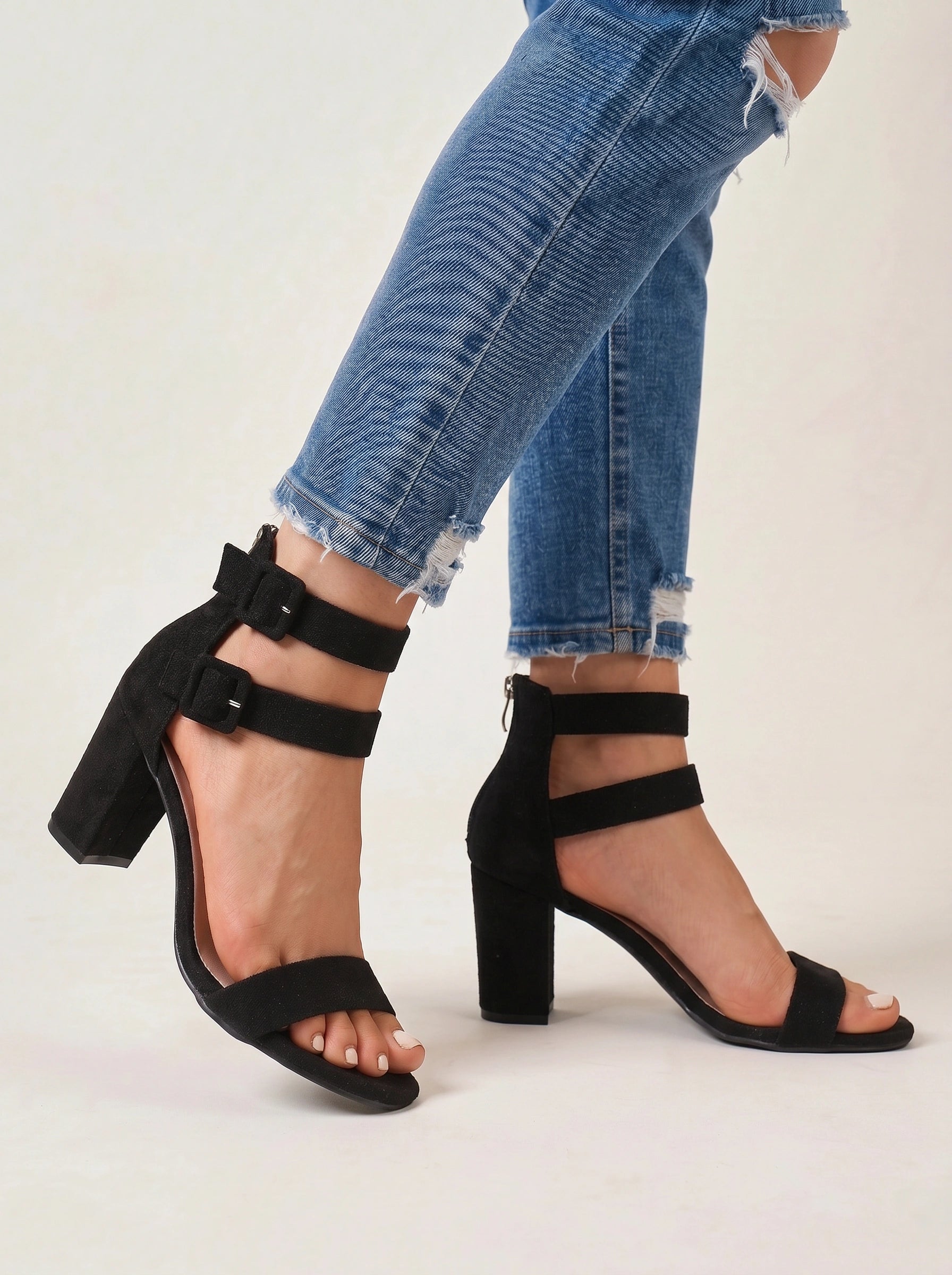 Doublok Ankle Strap Block Heel Sandals – Women Black Suede High Heel Sandals Summer Evening Party