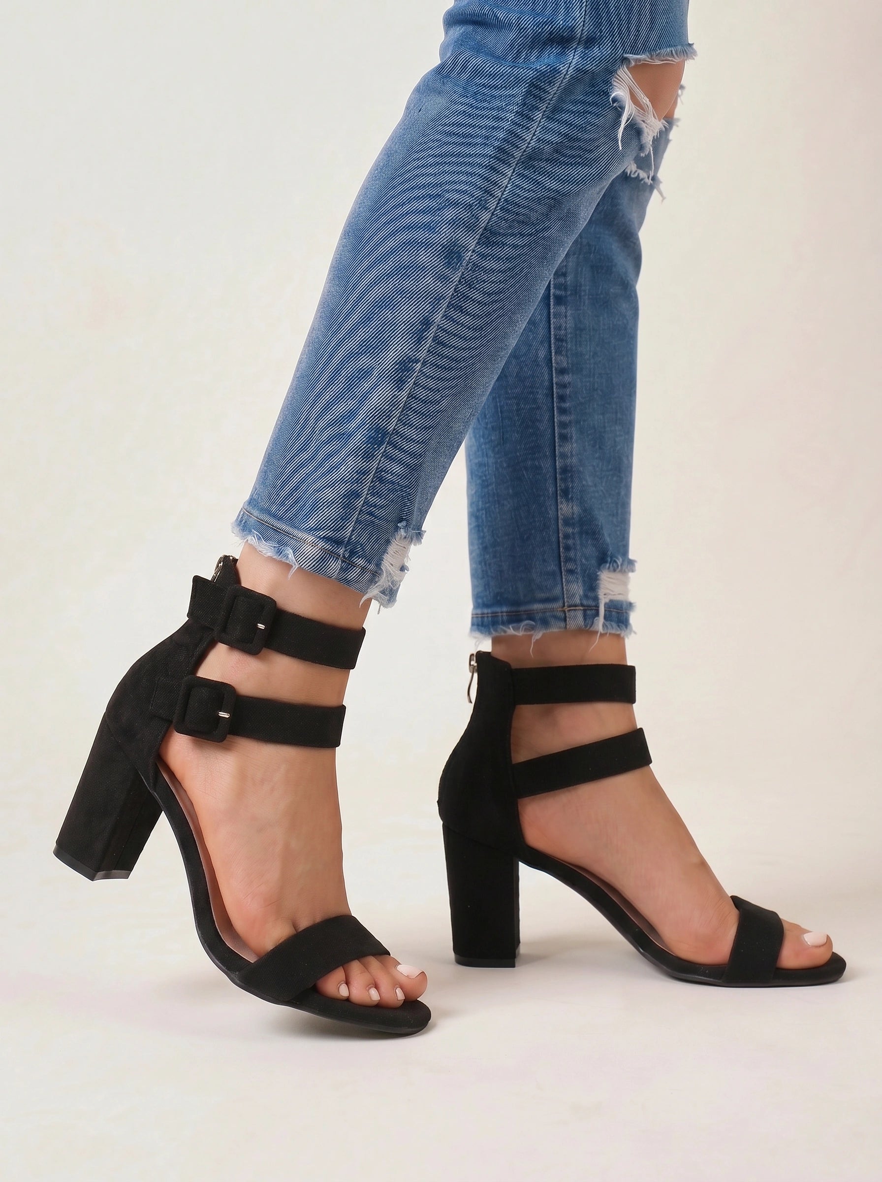 Doublok Ankle Strap Block Heel Sandals – Women Black Suede High Heel Sandals Summer Evening Party