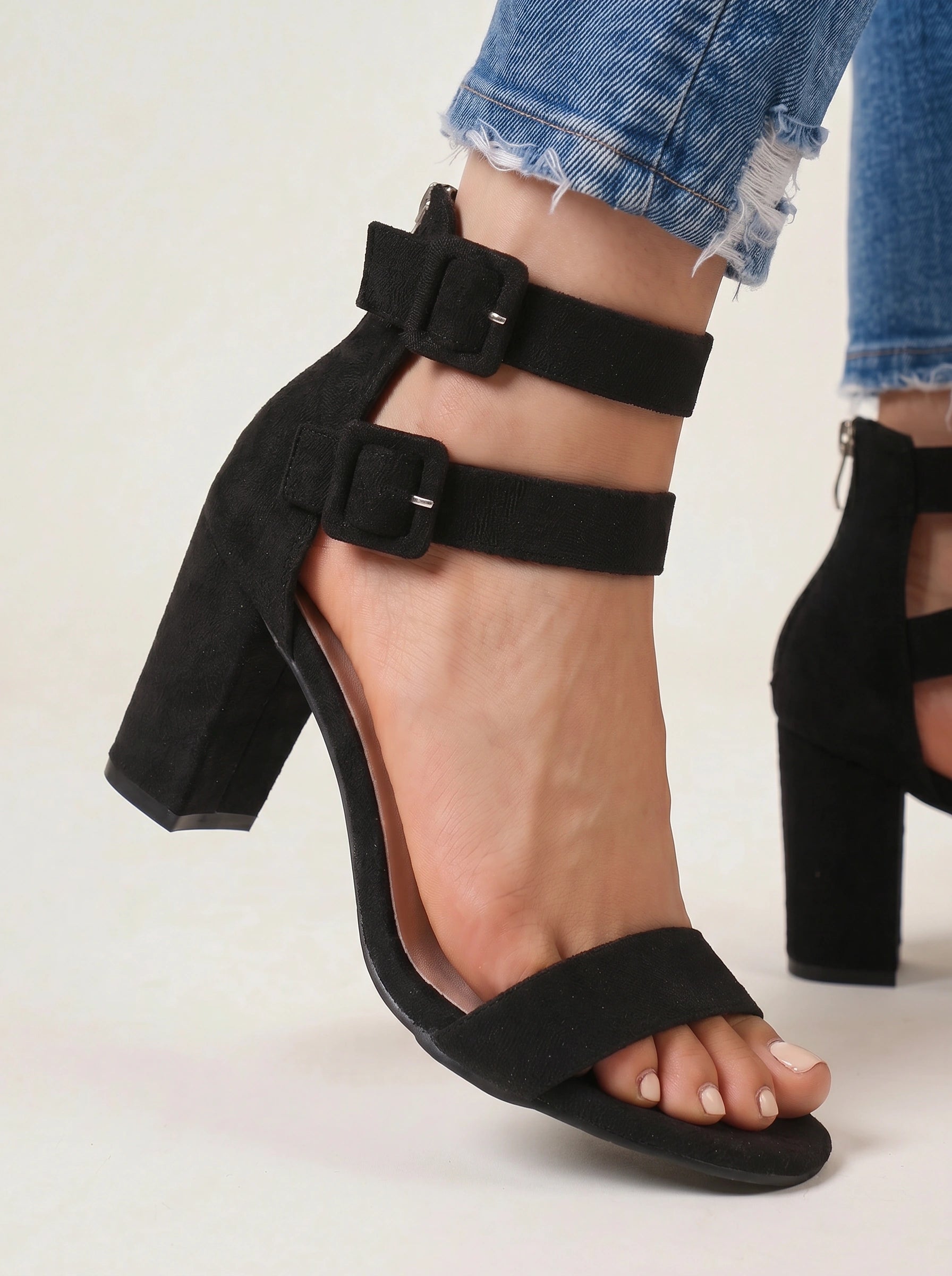 Doublok Ankle Strap Block Heel Sandals – Women Black Suede High Heel Sandals Summer Evening Party