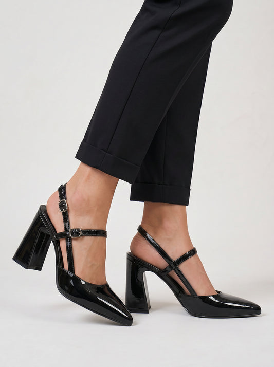 Nexara Patent Strappy Block Heels – Black Heeled Shoes Women Pointed Toe High Heels Evening Party Formal Sandals