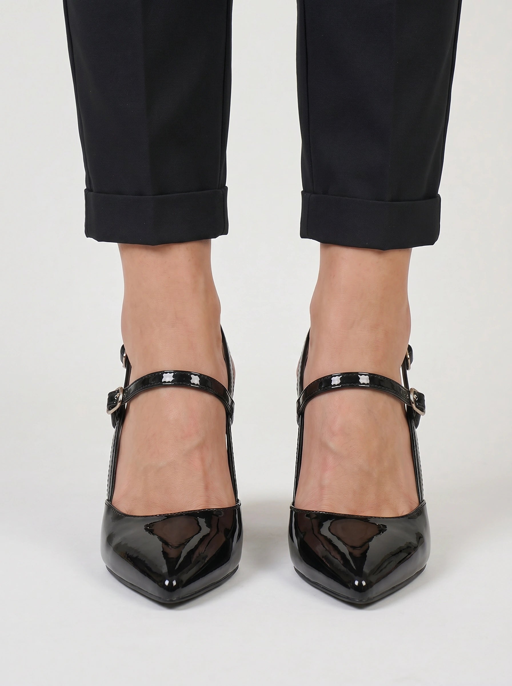 Nexara Patent Strappy Block Heels – Black Heeled Shoes Women Pointed Toe High Heels Evening Party Formal Sandals