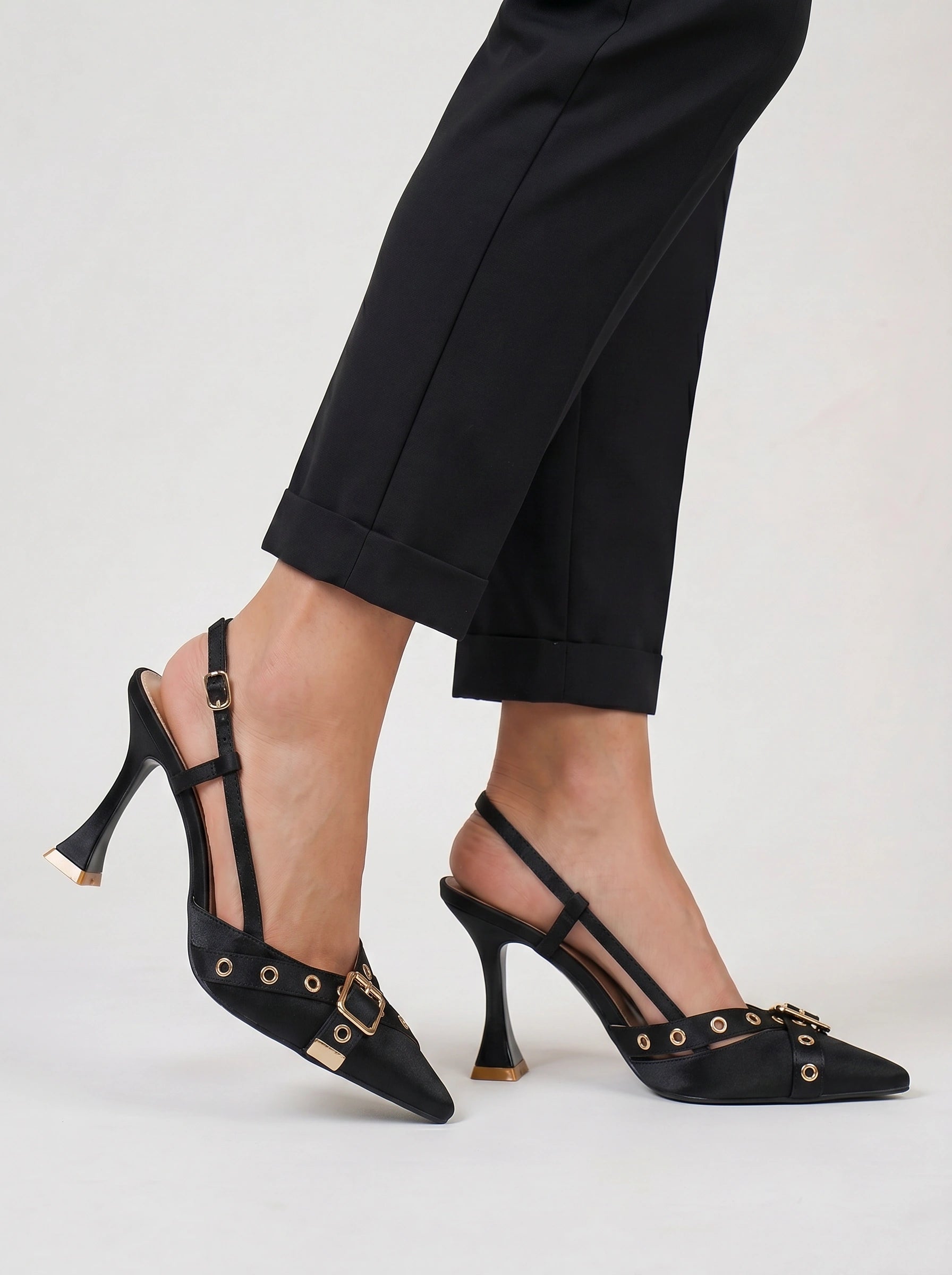 Ochiara Buckle Slingback Pumps – Black Leather Pointed Toe Women Heels Summer Office Wedding Guest Stiletto Pumps