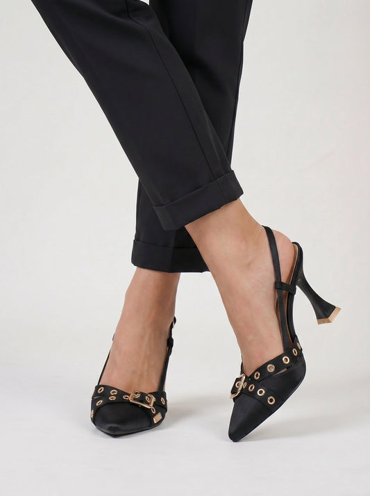 Ochiara Buckle Slingback Pumps – Black Leather Pointed Toe Women Heels Summer Office Wedding Guest Stiletto Pumps