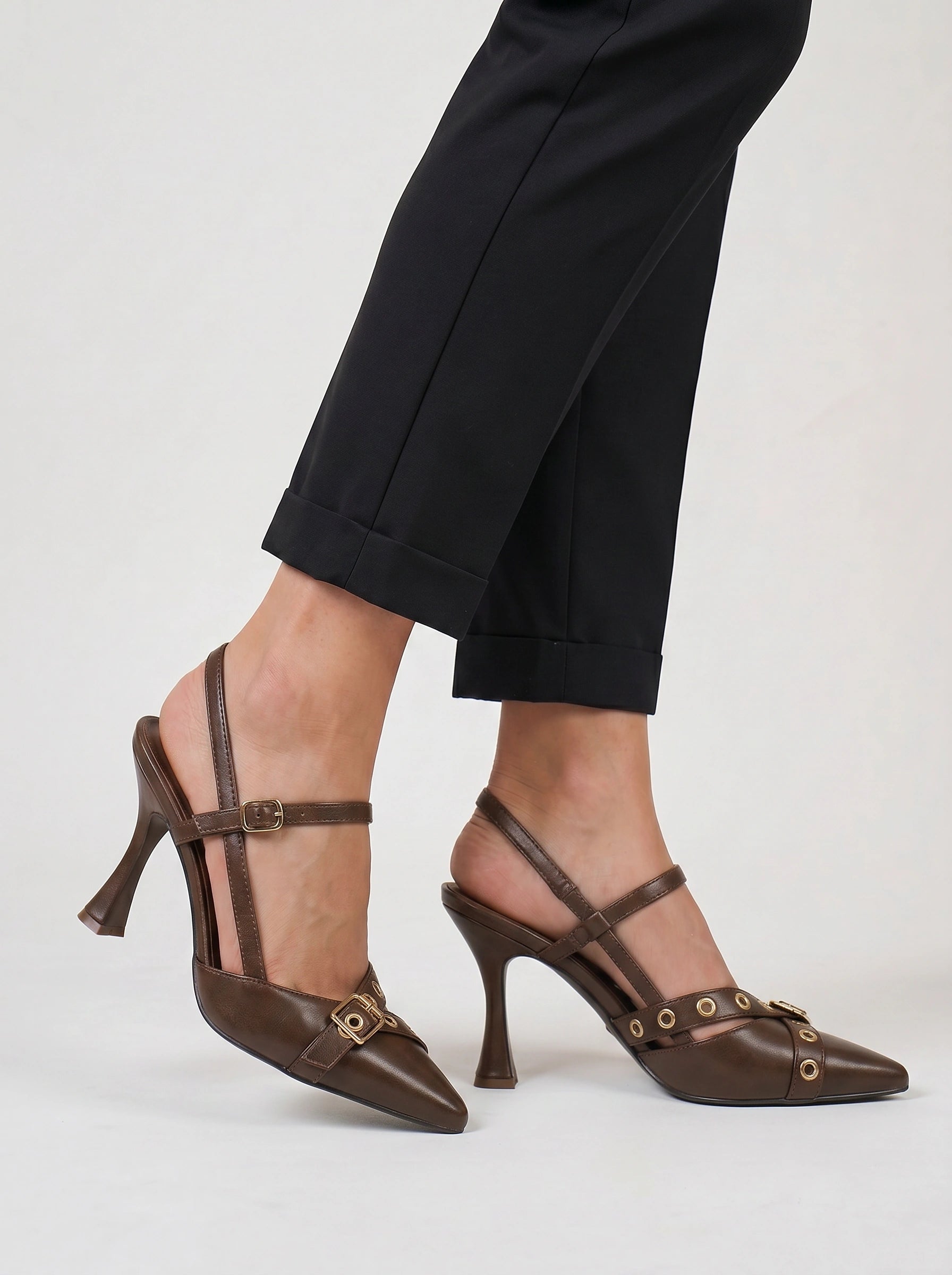 Ochiara Buckle Slingback Pumps – Black Leather Pointed Toe Women Heels Summer Office Wedding Guest Stiletto Pumps