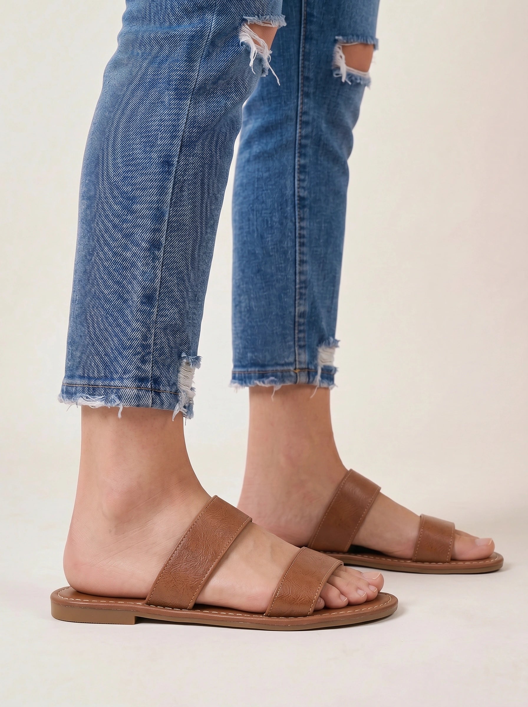 Duostria Double-Strap Slide Sandals – Women Leather Flat Sandals Summer Slip-On Mules Comfortable Brown