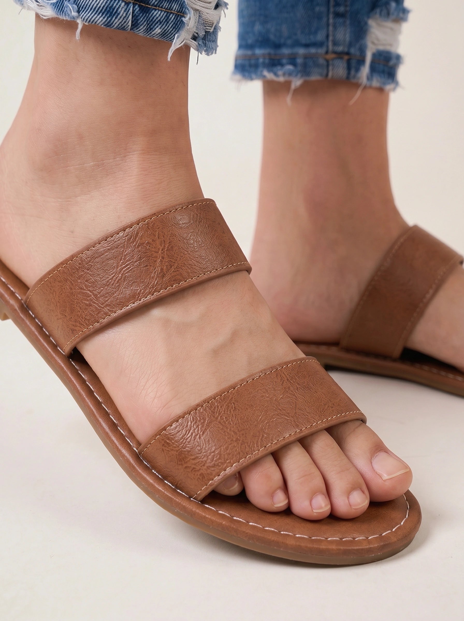 Duostria Double-Strap Slide Sandals – Women Leather Flat Sandals Summer Slip-On Mules Comfortable Brown