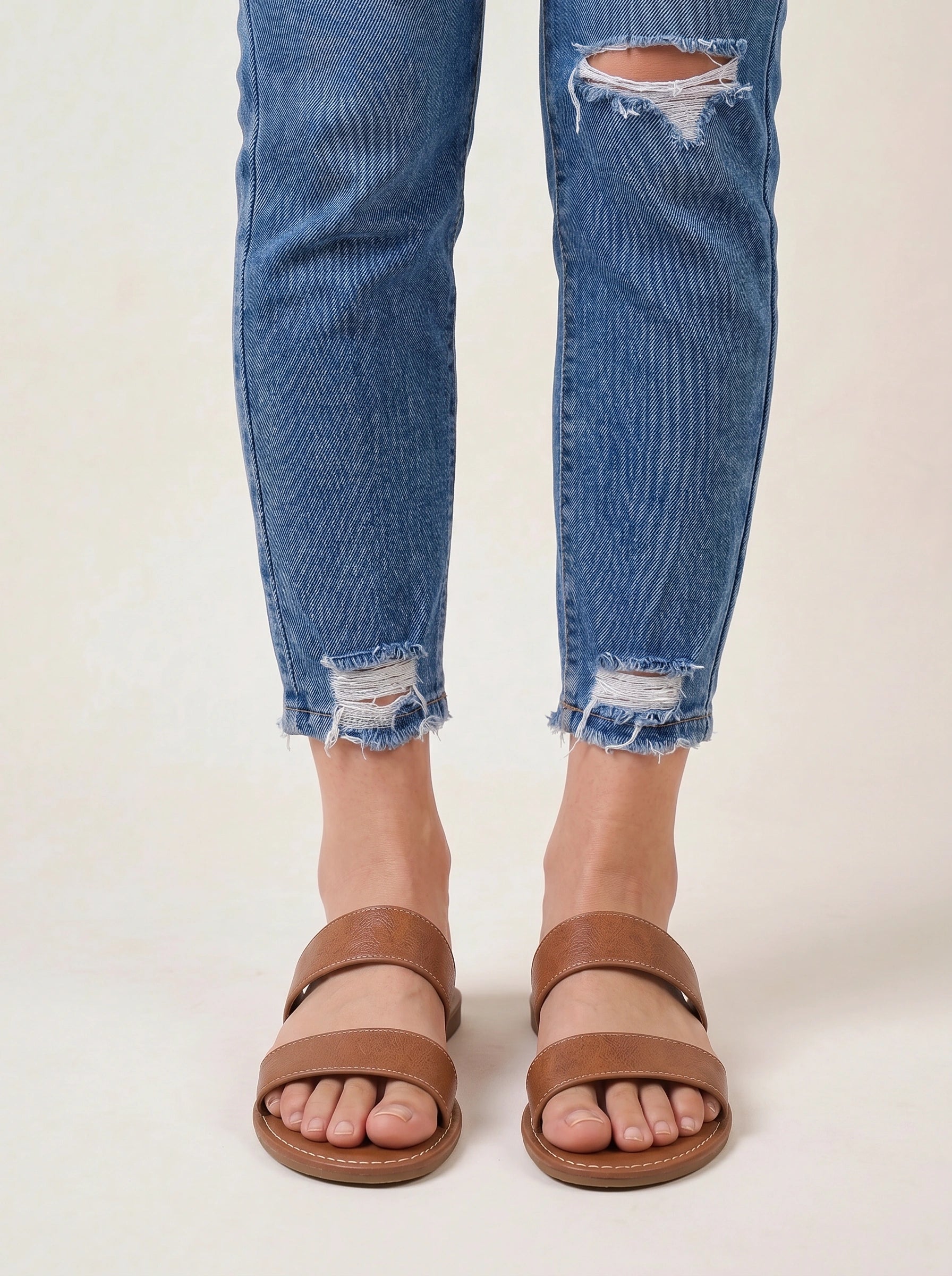 Duostria Double-Strap Slide Sandals – Women Leather Flat Sandals Summer Slip-On Mules Comfortable Brown