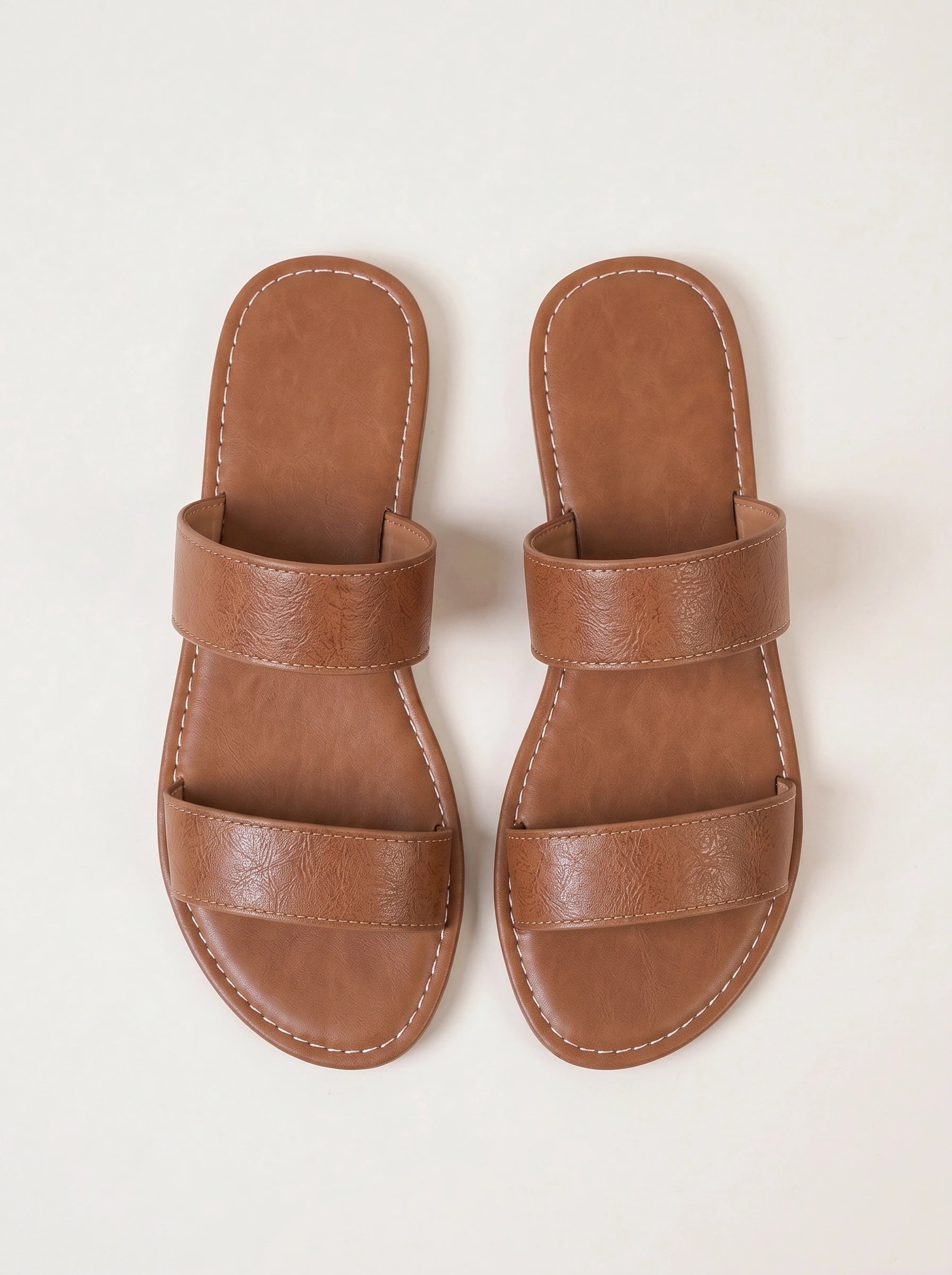 Duostria Double-Strap Slide Sandals – Women Leather Flat Sandals Summer Slip-On Mules Comfortable Brown