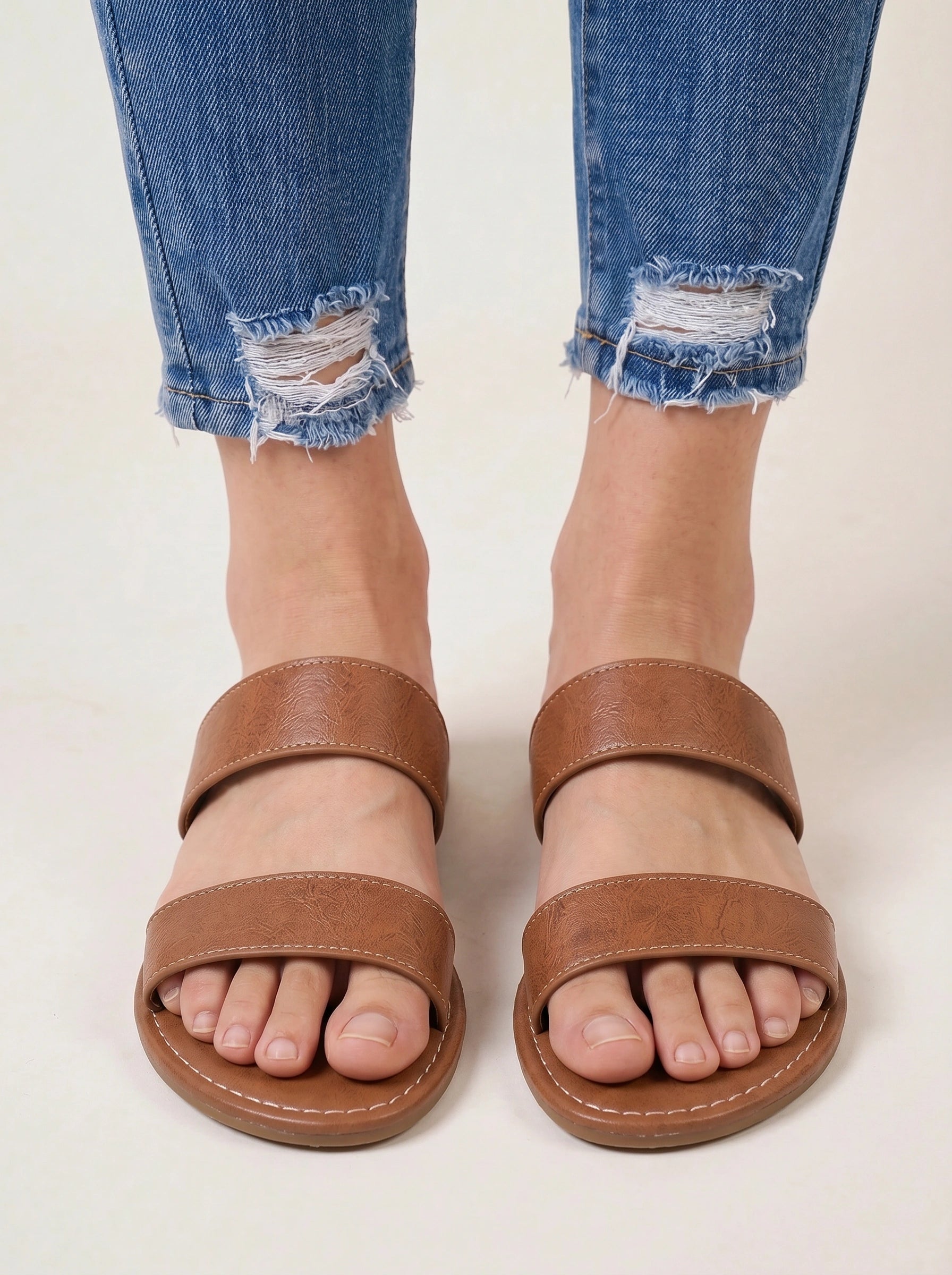 Duostria Double-Strap Slide Sandals – Women Leather Flat Sandals Summer Slip-On Mules Comfortable Brown
