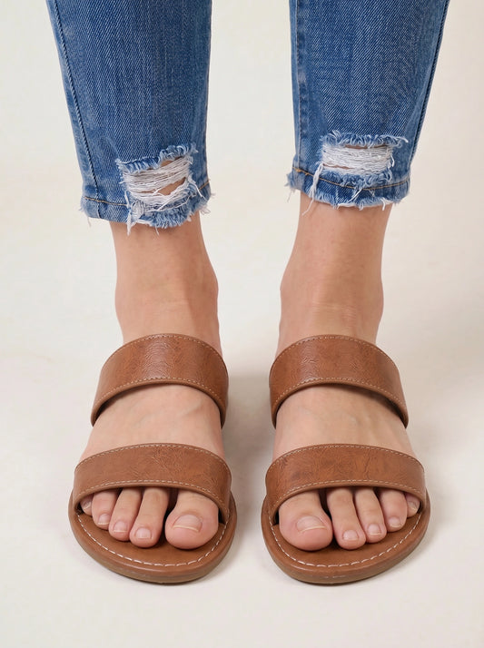 Duostria Double-Strap Slide Sandals – Women Leather Flat Sandals Summer Slip-On Mules Comfortable Brown