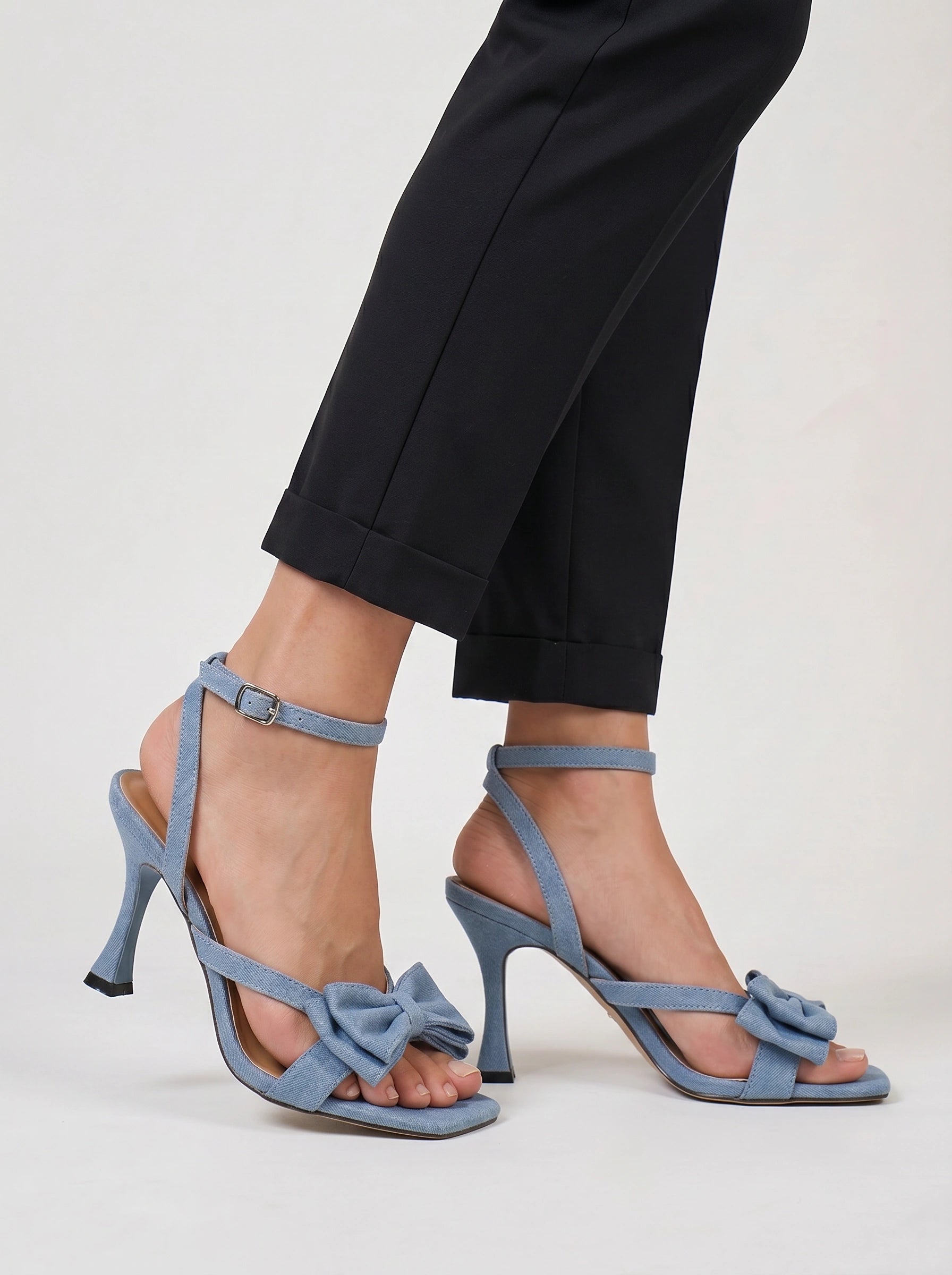 Nodette Bow Strap Stiletto Sandals – Blue Women Leather Square Toe Ankle Strap High Heel Summer Sandals