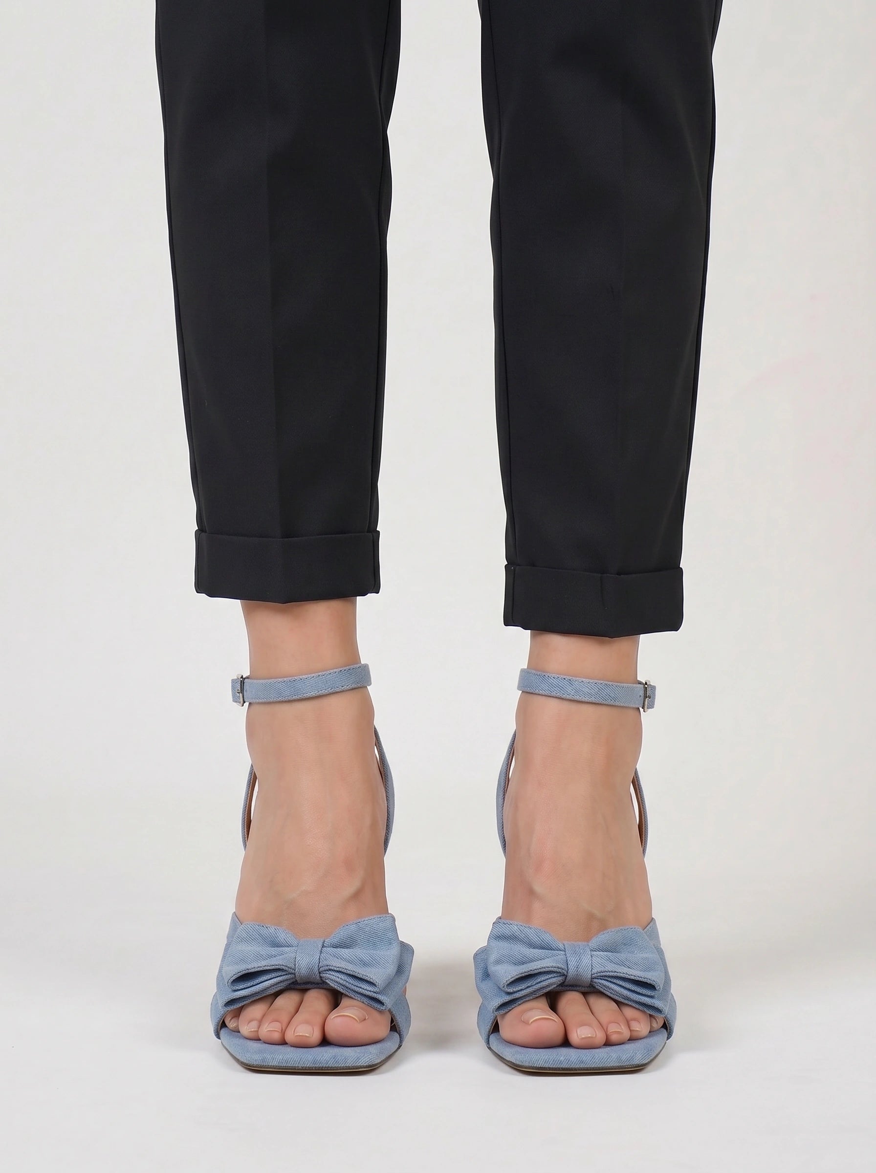 Nodette Bow Strap Stiletto Sandals – Blue Women Leather Square Toe Ankle Strap High Heel Summer Sandals