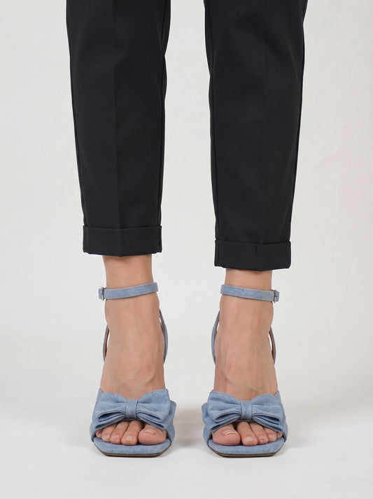 Nodette Bow Strap Stiletto Sandals – Blue Women Leather Square Toe Ankle Strap High Heel Summer Sandals