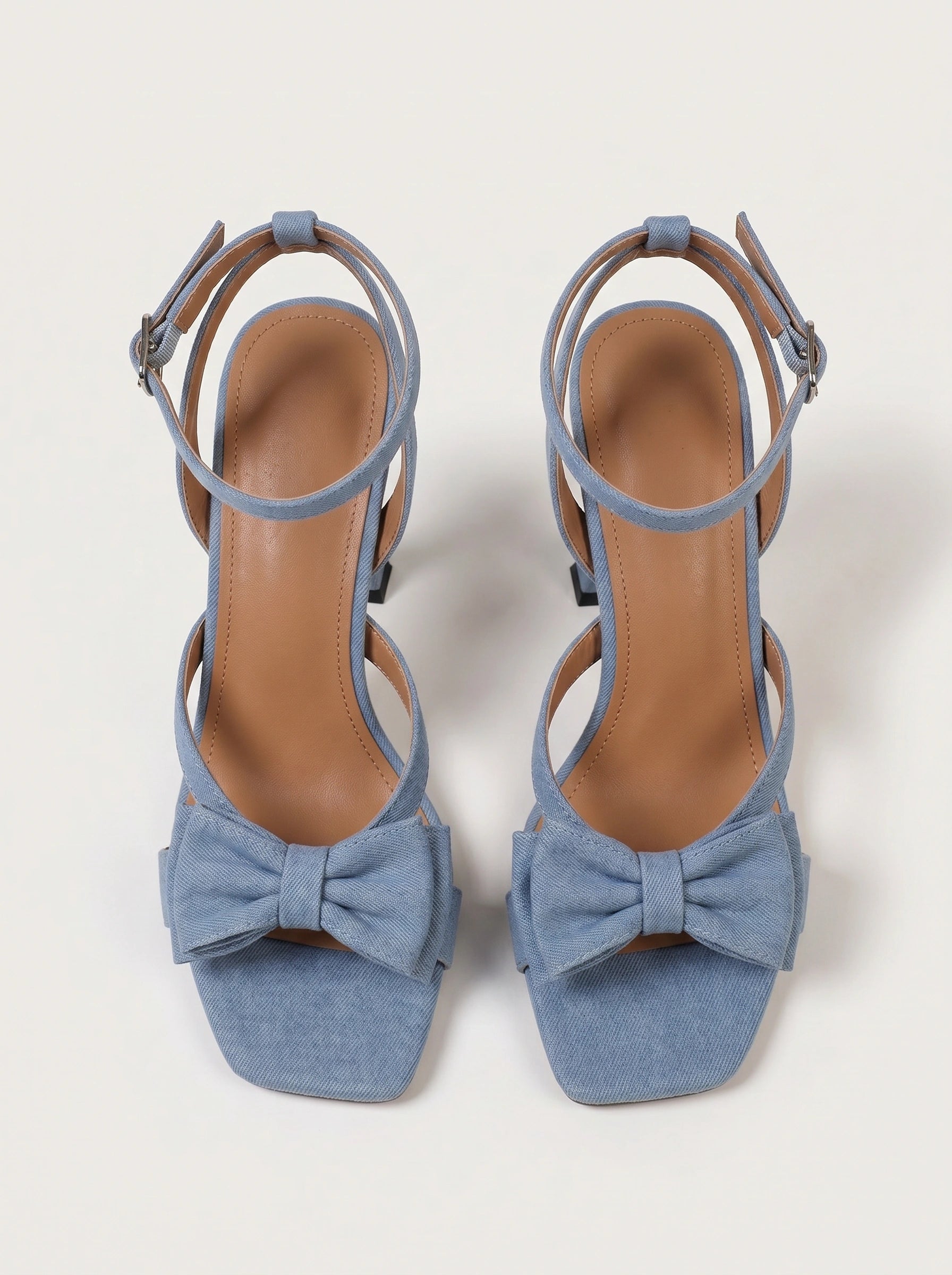 Nodette Bow Strap Stiletto Sandals – Blue Women Leather Square Toe Ankle Strap High Heel Summer Sandals