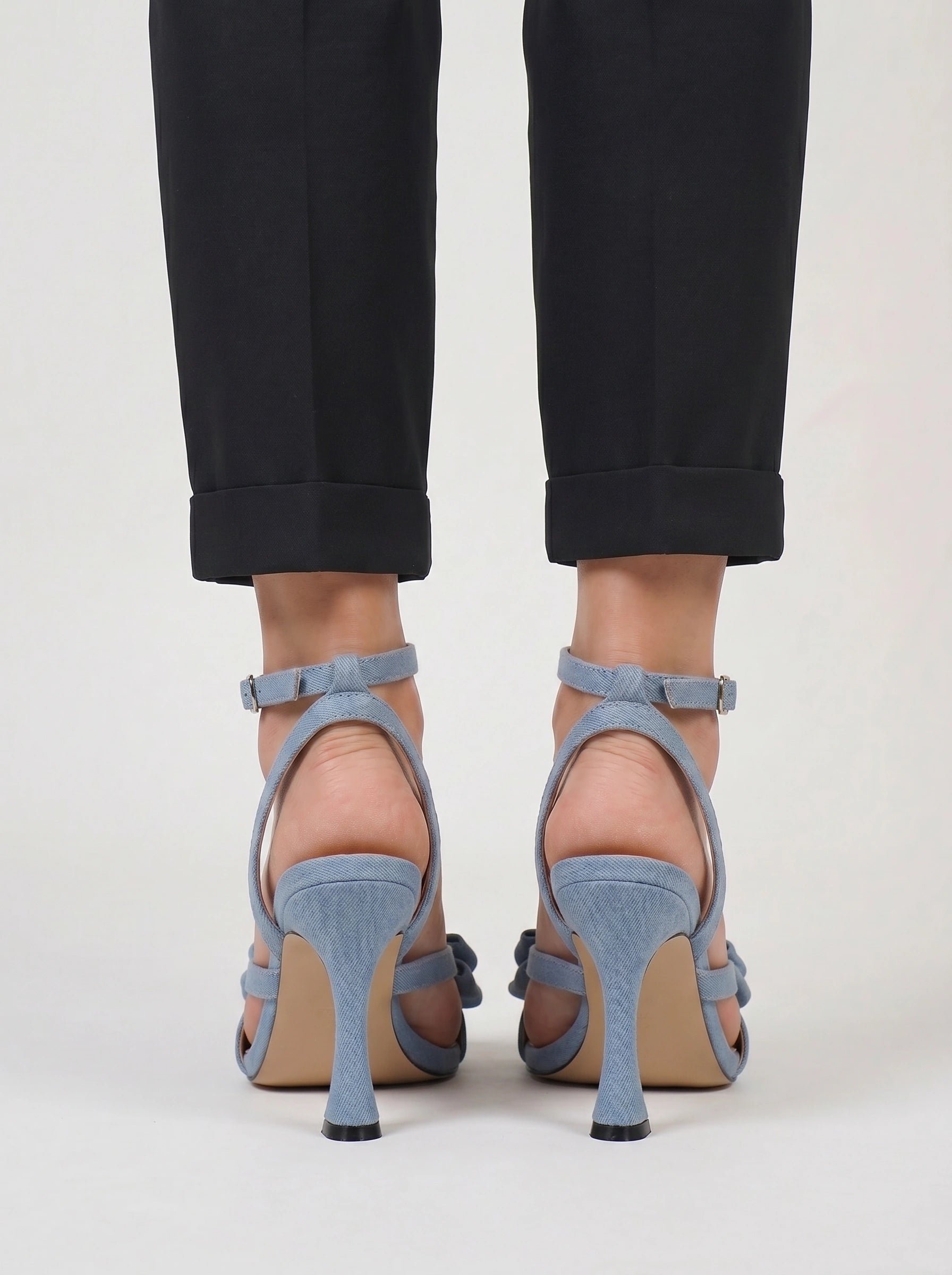 Nodette Bow Strap Stiletto Sandals – Blue Women Leather Square Toe Ankle Strap High Heel Summer Sandals