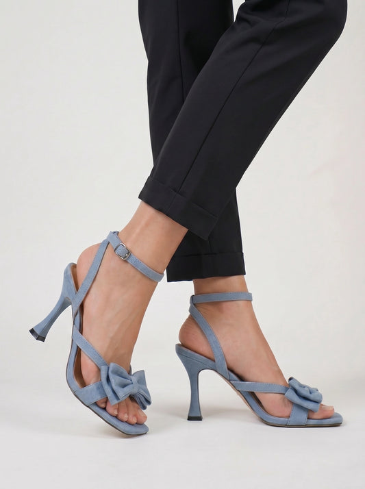 Nodette Bow Strap Stiletto Sandals – Blue Women Leather Square Toe Ankle Strap High Heel Summer Sandals
