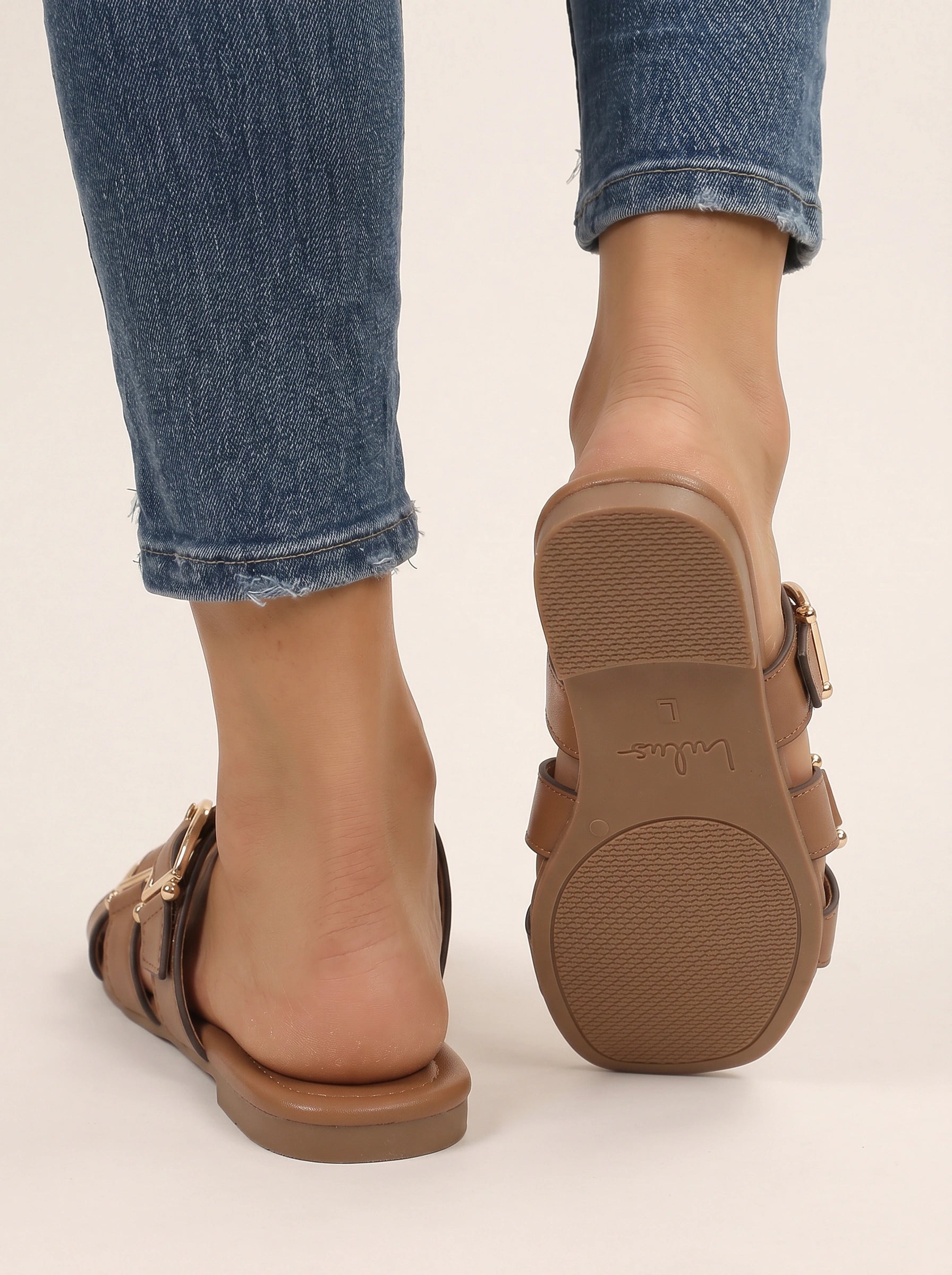 Bucklair Crossover Buckle Slide Sandals – White Leather Slip On Flat Buckle Sandals Women Summer Casual Everyday