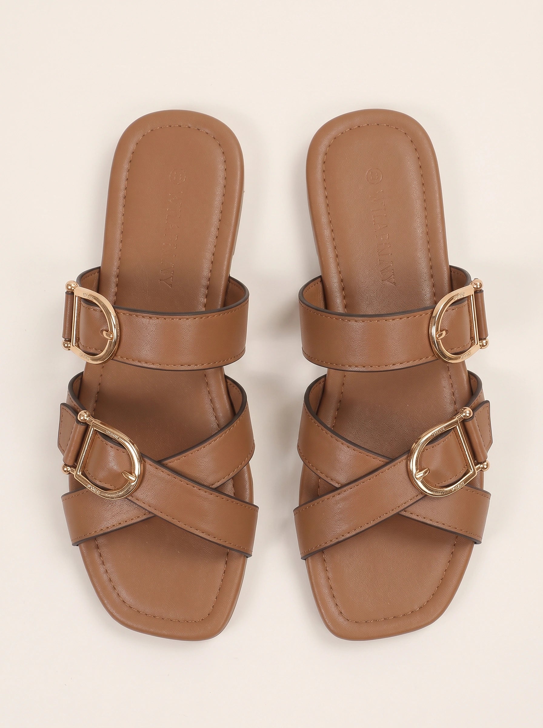 Bucklair Crossover Buckle Slide Sandals – White Leather Slip On Flat Buckle Sandals Women Summer Casual Everyday