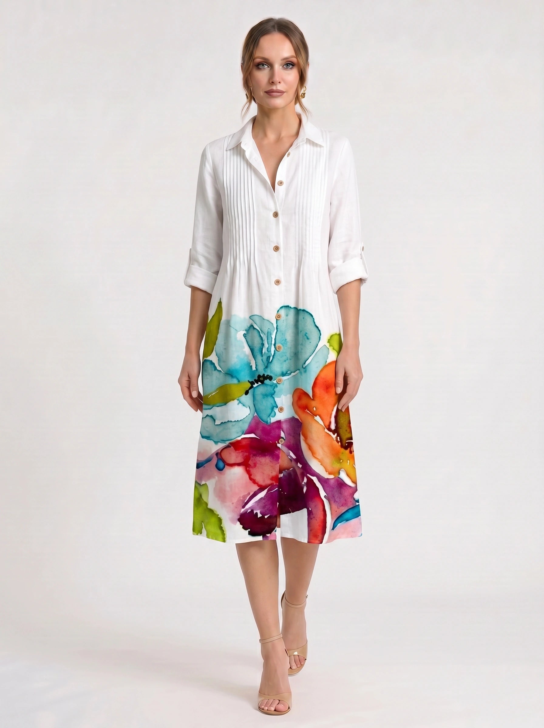 Chromara Abstract Print Shirt Midi Dress – Button Front Collared Long Sleeve Women Summer Boho Casual Midi Dress