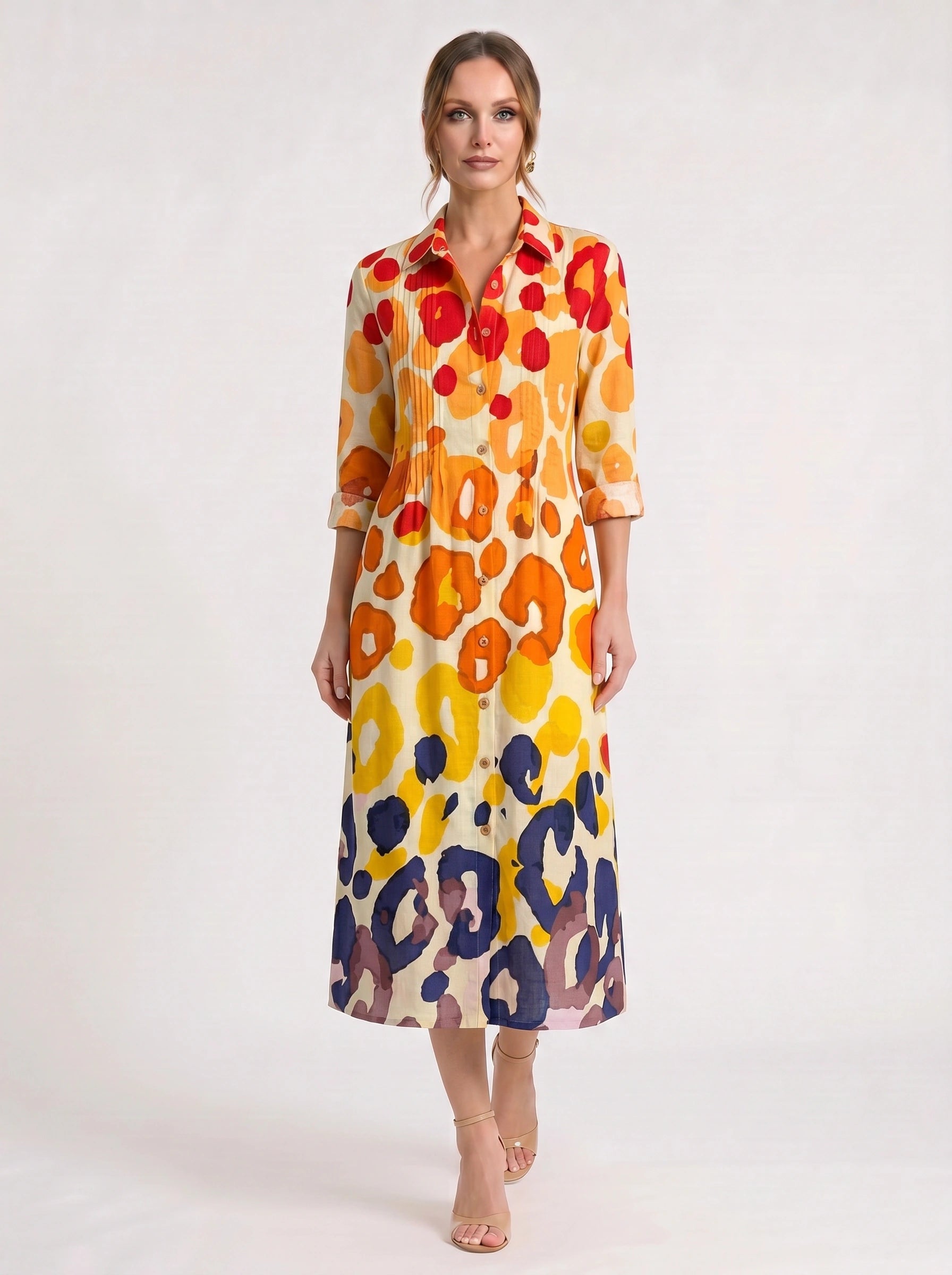 Chromara Abstract Print Shirt Midi Dress – Button Front Collared Long Sleeve Women Summer Boho Casual Midi Dress