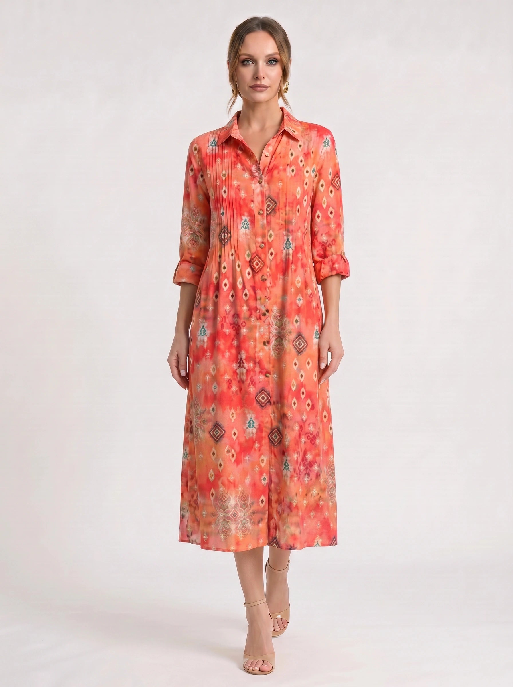 Chromara Abstract Print Shirt Midi Dress – Button Front Collared Long Sleeve Women Summer Boho Casual Midi Dress
