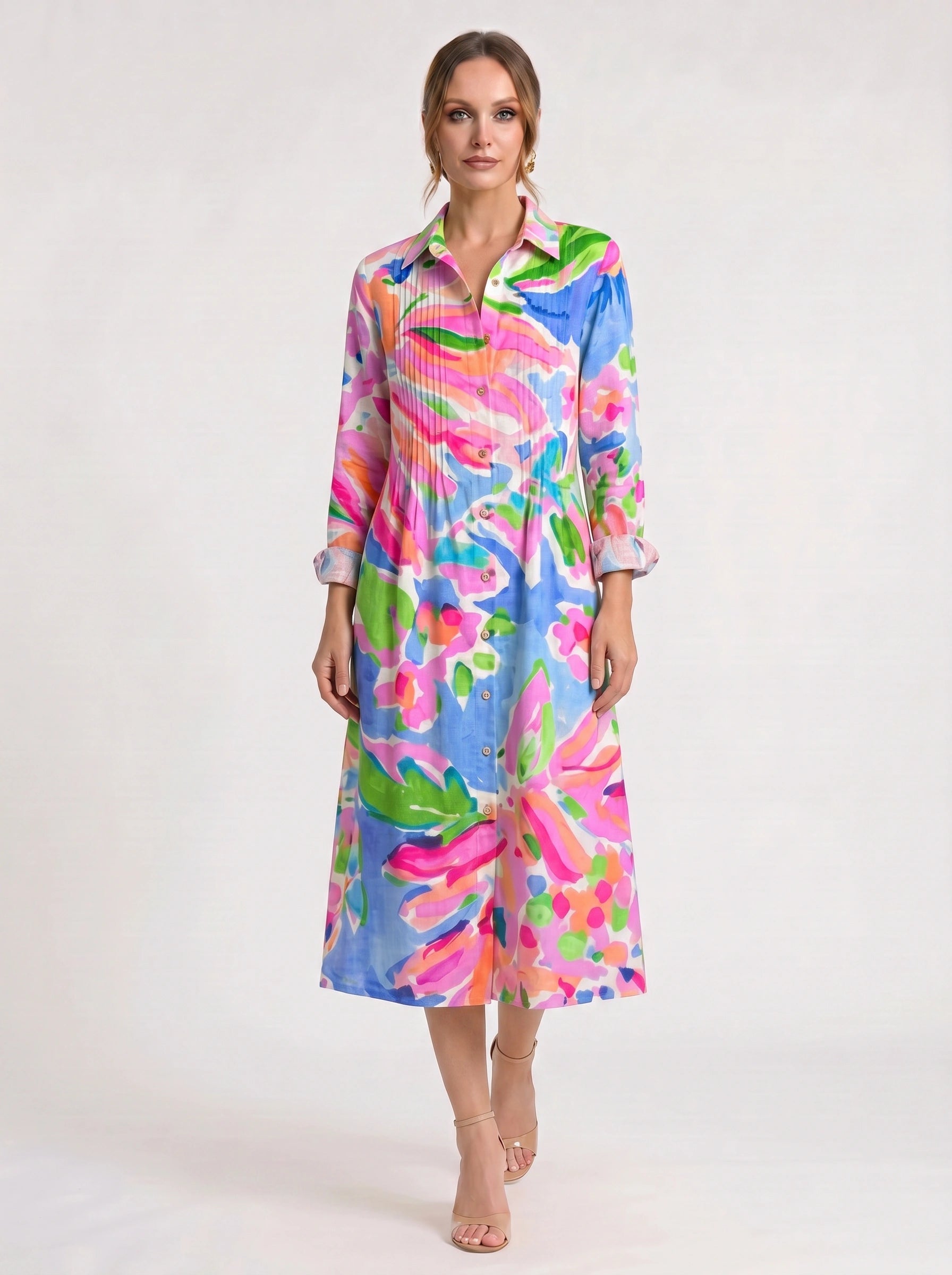 Chromara Abstract Print Shirt Midi Dress – Button Front Collared Long Sleeve Women Summer Boho Casual Midi Dress