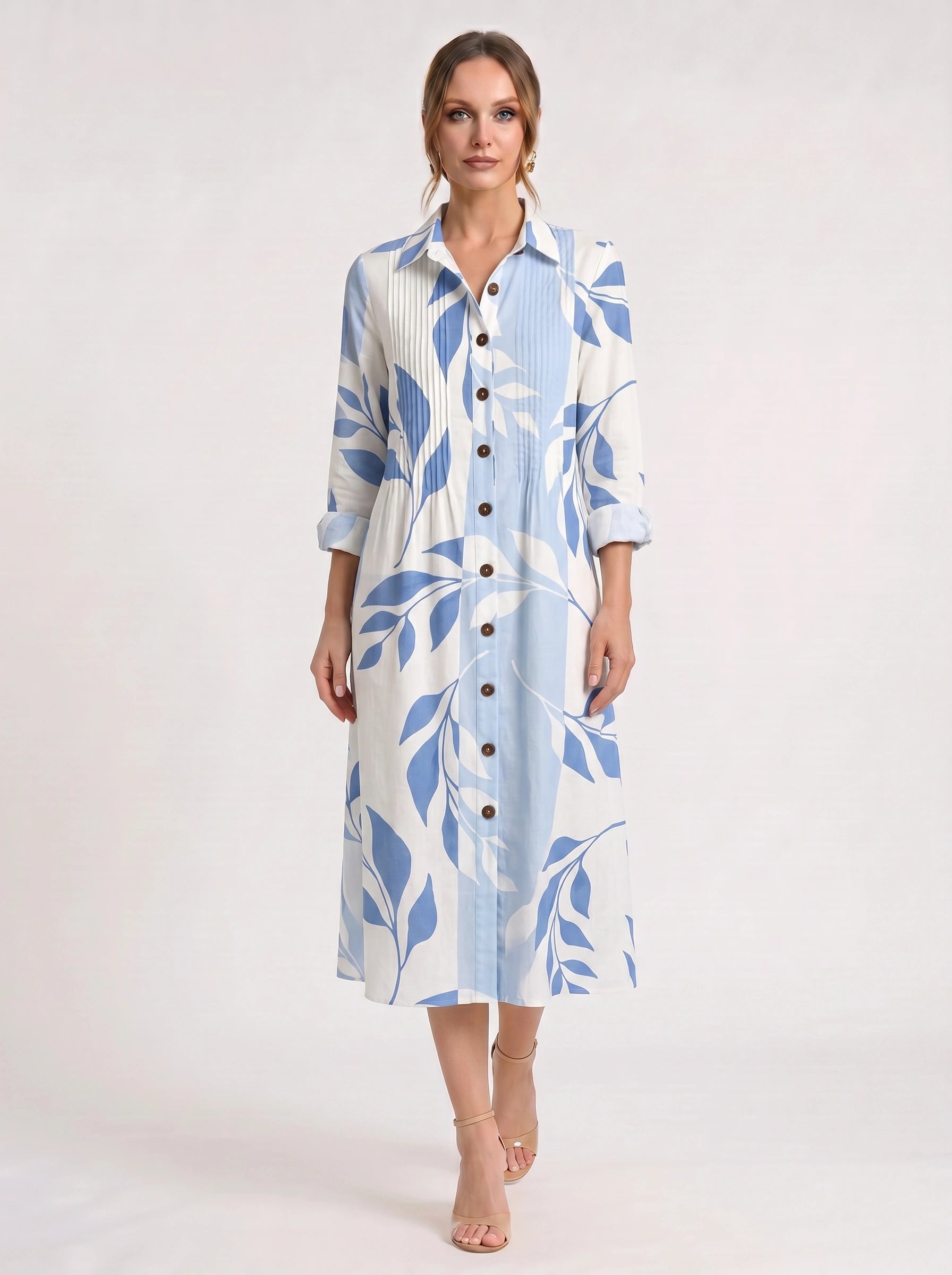 Chromara Abstract Print Shirt Midi Dress – Button Front Collared Long Sleeve Women Summer Boho Casual Midi Dress