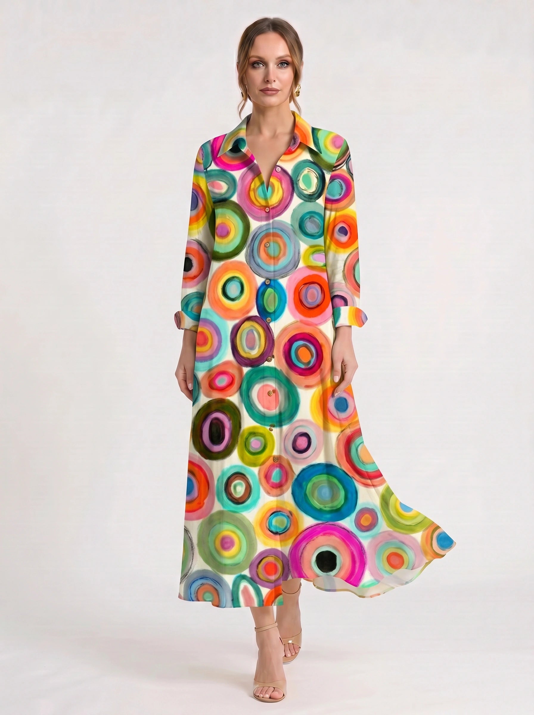 Chromara Abstract Print Shirt Midi Dress – Button Front Collared Long Sleeve Women Summer Boho Casual Midi Dress