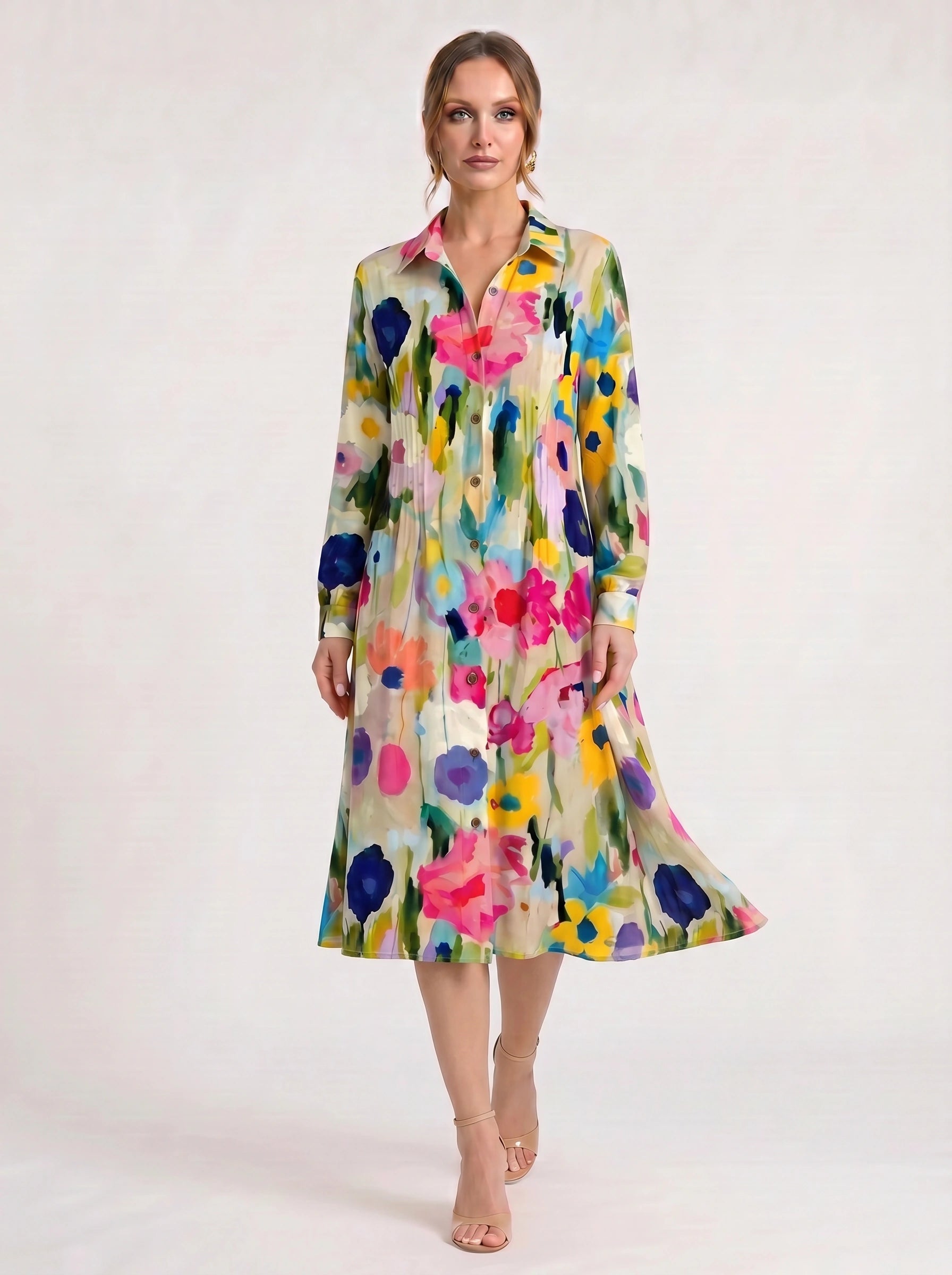 Chromara Abstract Print Shirt Midi Dress – Button Front Collared Long Sleeve Women Summer Boho Casual Midi Dress