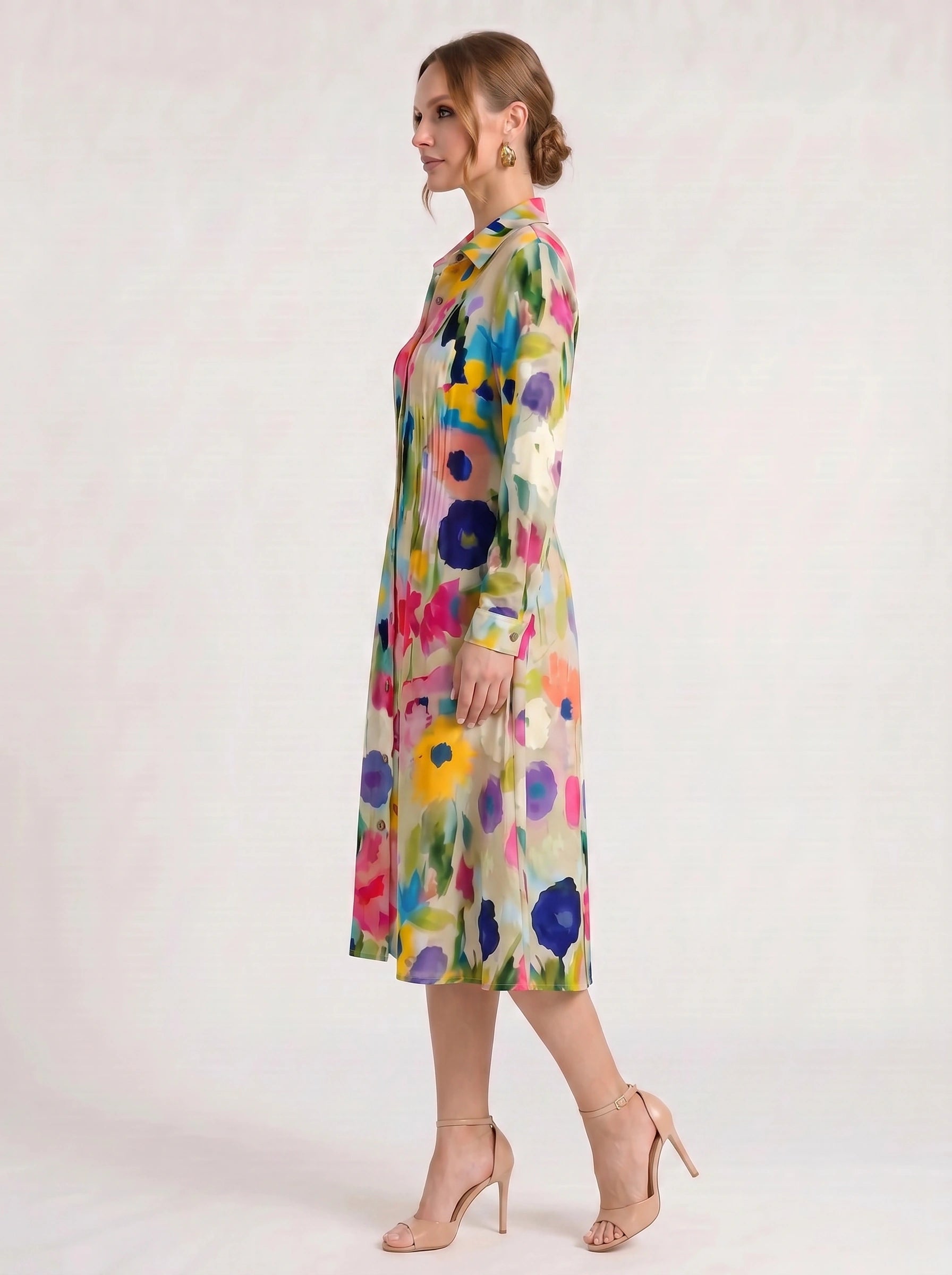 Chromara Abstract Print Shirt Midi Dress – Button Front Collared Long Sleeve Women Summer Boho Casual Midi Dress