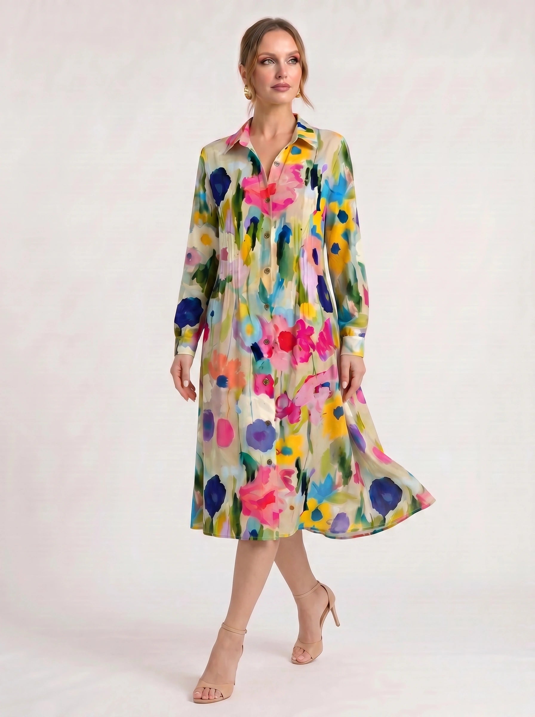 Chromara Abstract Print Shirt Midi Dress – Button Front Collared Long Sleeve Women Summer Boho Casual Midi Dress