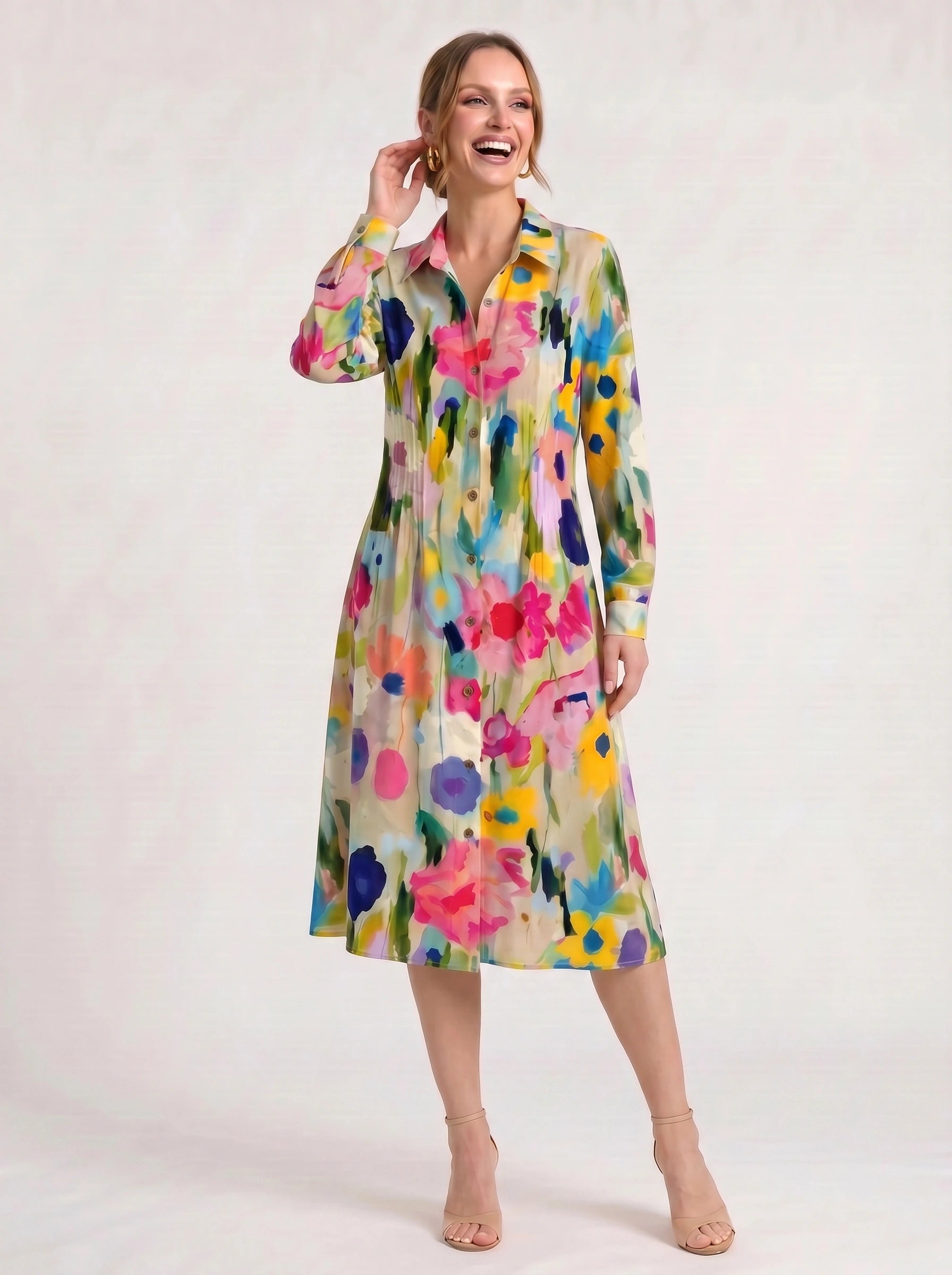 Chromara Abstract Print Shirt Midi Dress – Button Front Collared Long Sleeve Women Summer Boho Casual Midi Dress
