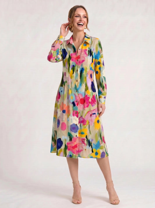 Chromara Abstract Print Shirt Midi Dress – Button Front Collared Long Sleeve Women Summer Boho Casual Midi Dress