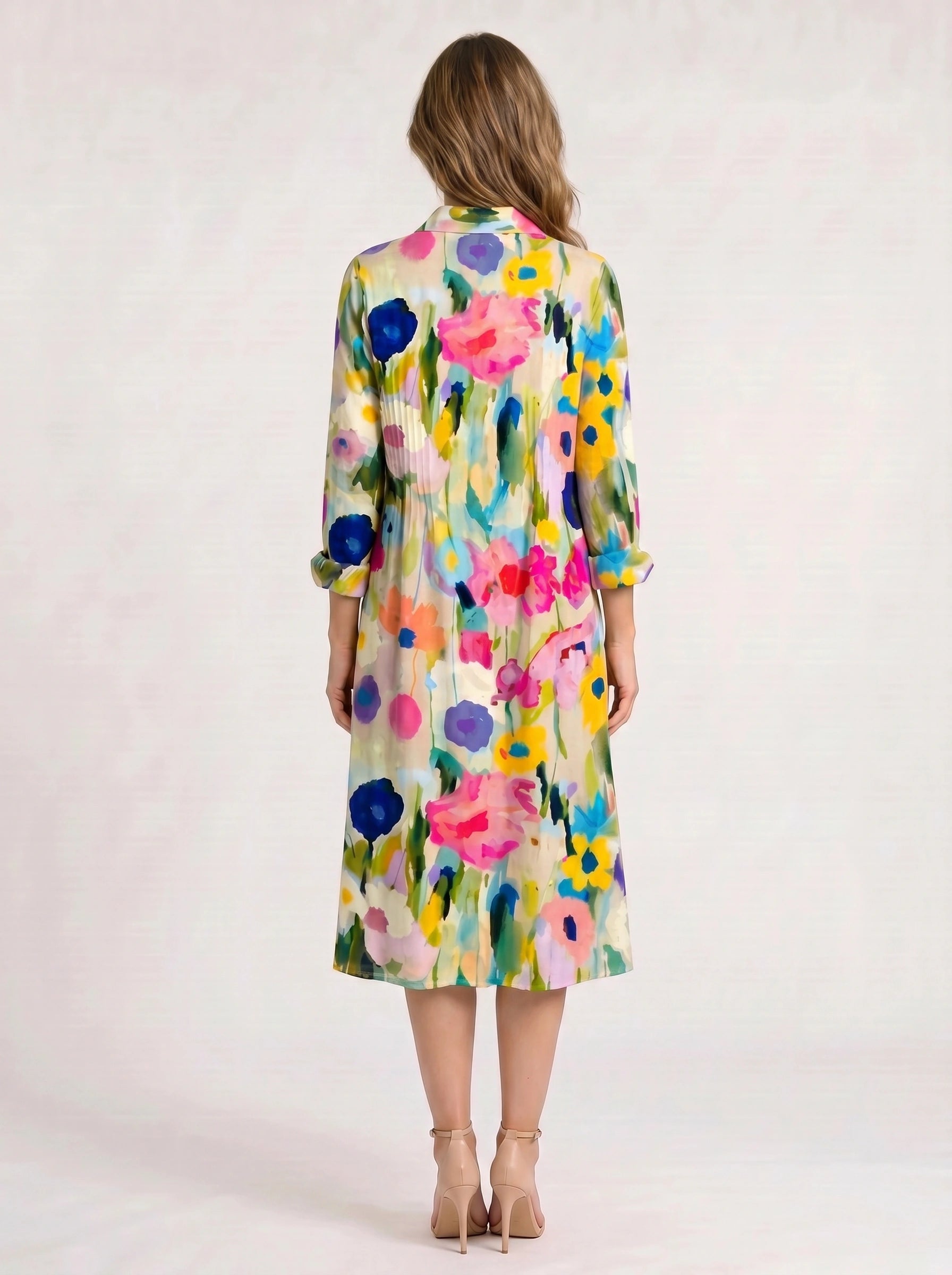 Chromara Abstract Print Shirt Midi Dress – Button Front Collared Long Sleeve Women Summer Boho Casual Midi Dress
