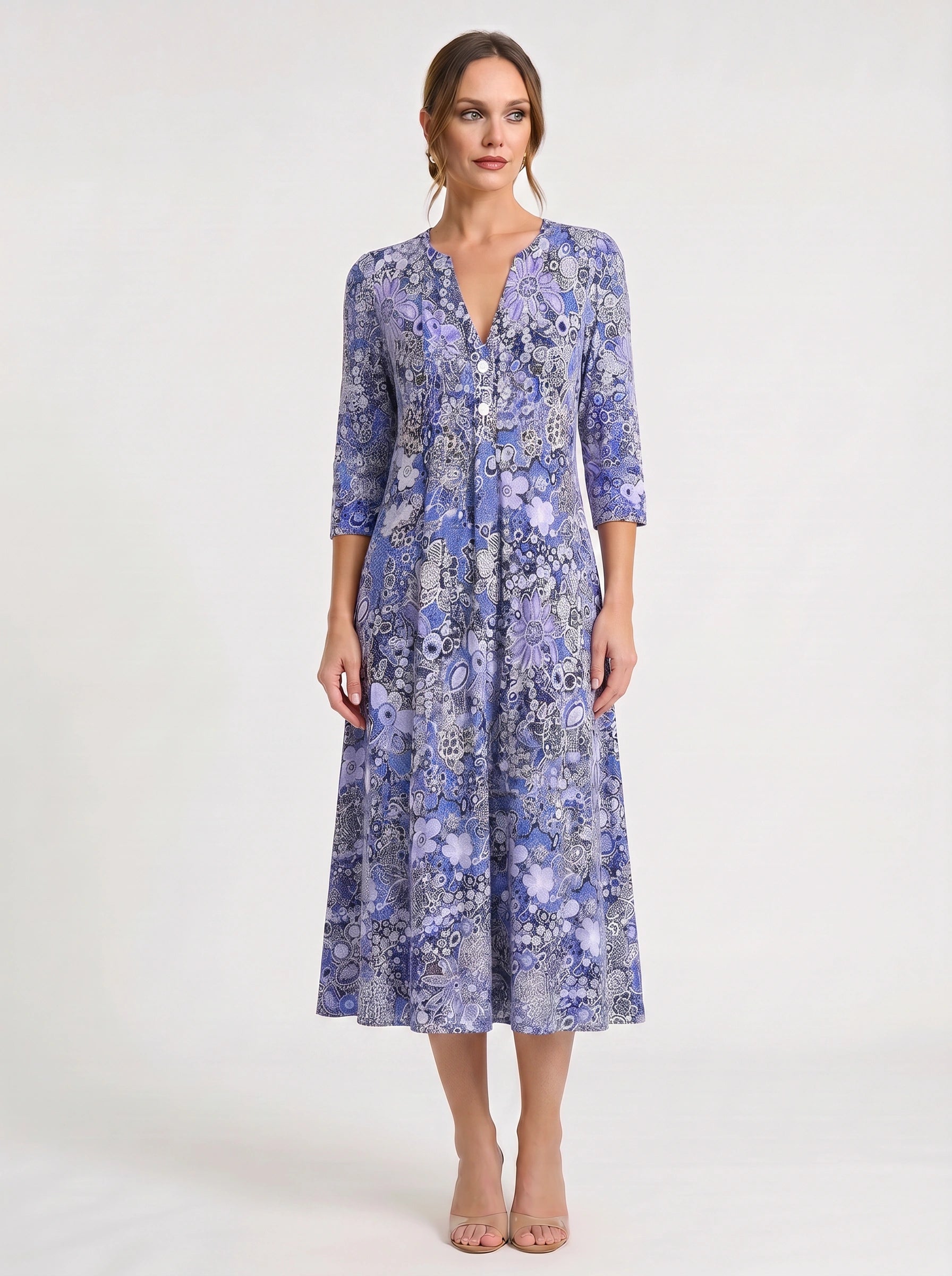 Paisiola V-Neck Midi Dress – Floral Midi Dress Women Summer Button Front Pink Paisley Three Quarter Sleeve Dress