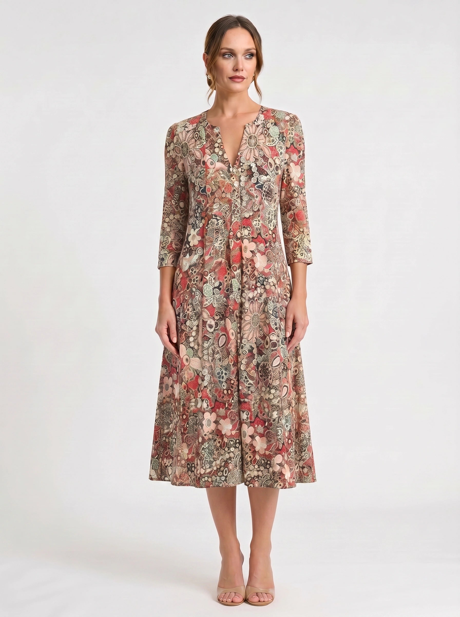 Paisiola V-Neck Midi Dress – Floral Midi Dress Women Summer Button Front Pink Paisley Three Quarter Sleeve Dress