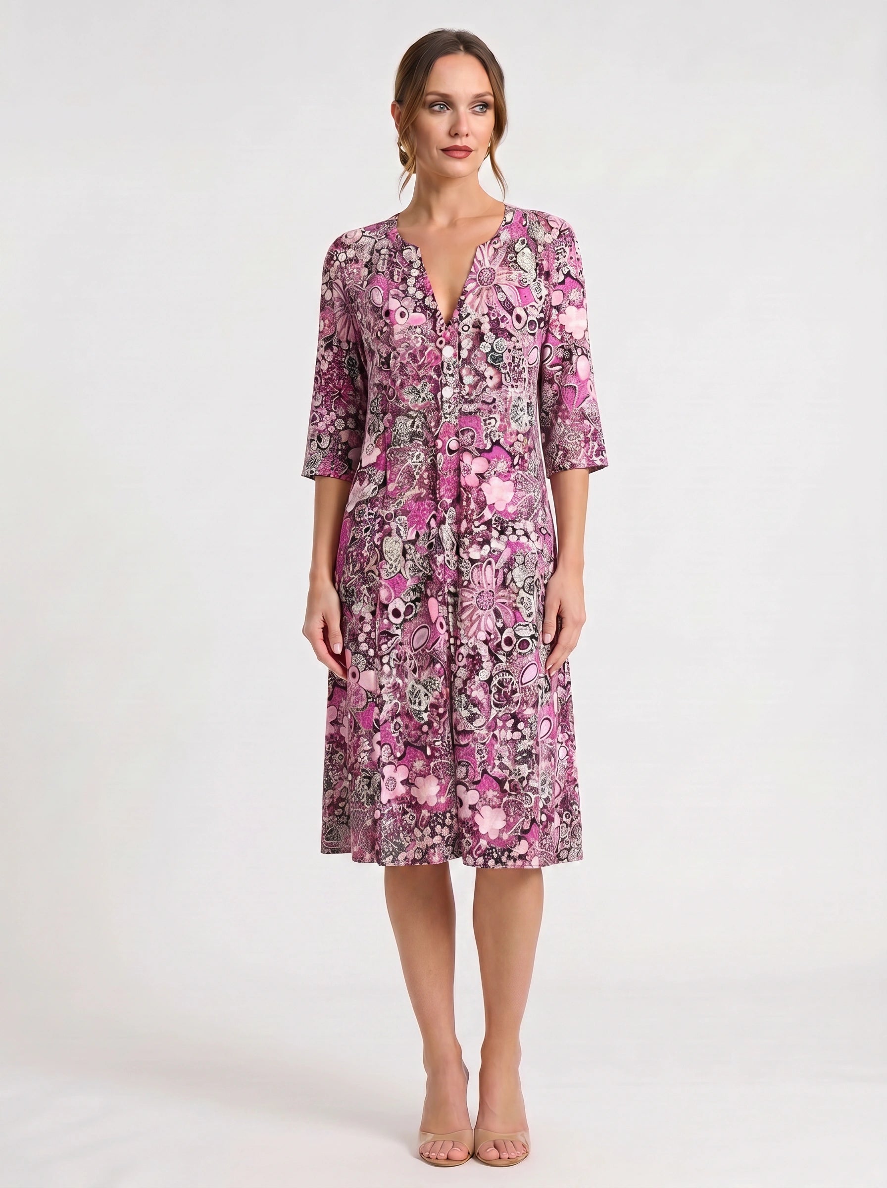 Paisiola V-Neck Midi Dress – Floral Midi Dress Women Summer Button Front Pink Paisley Three Quarter Sleeve Dress